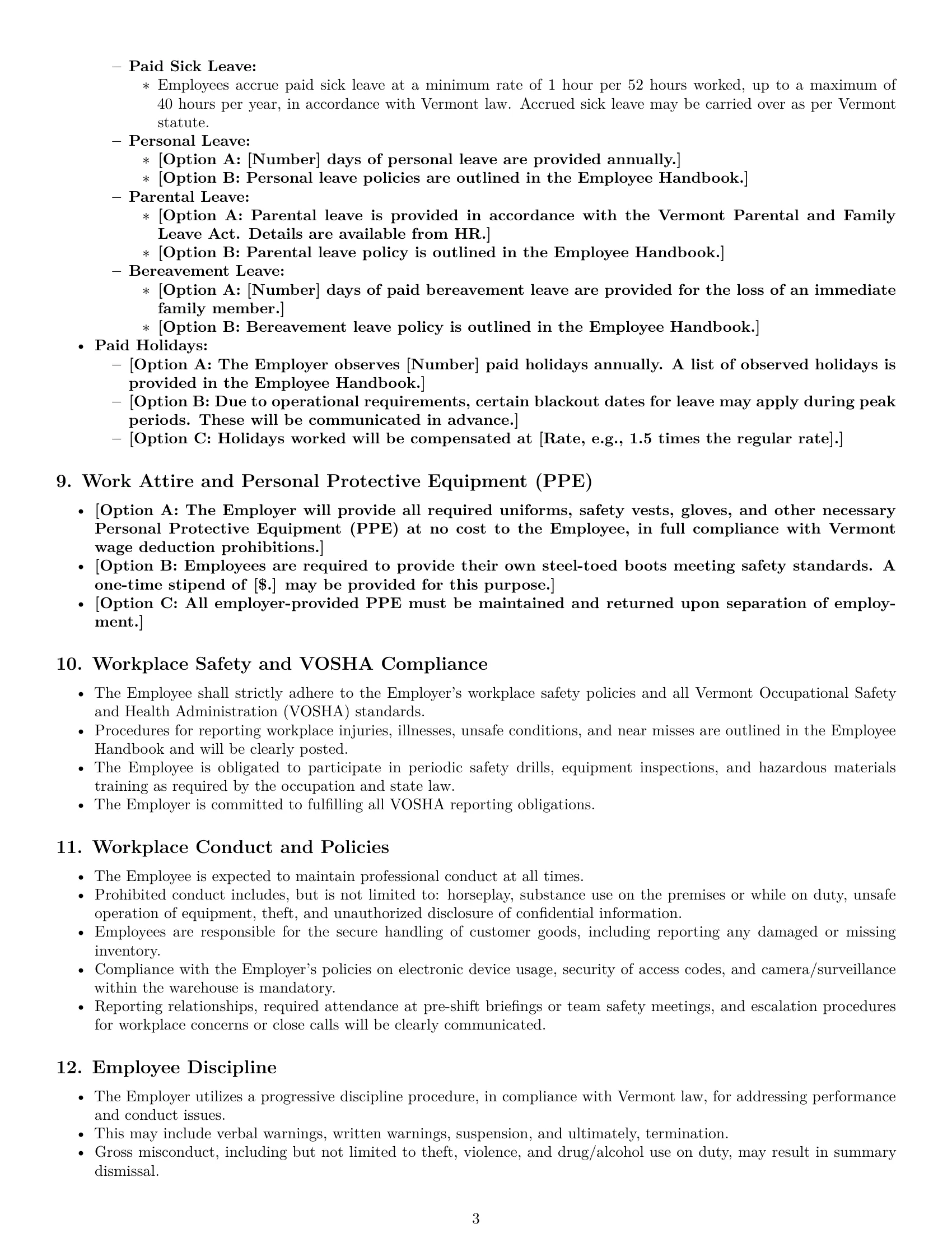 Preview page 3 of Pro Vermont warehouse worker employment contract template