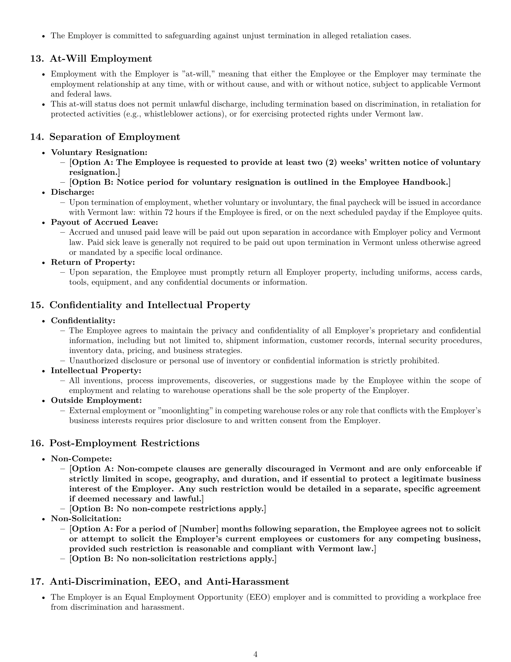 Preview page 4 of Pro Vermont warehouse worker employment contract template