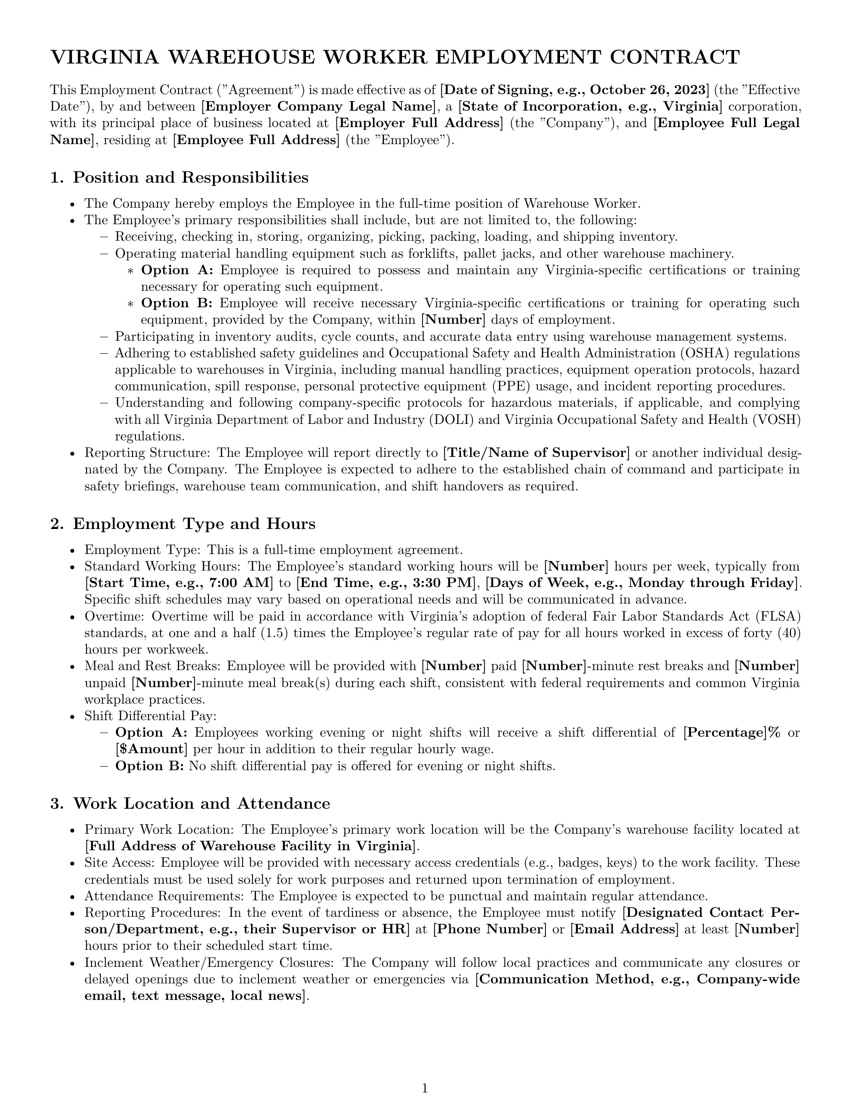 Preview page 1 of Pro Virginia warehouse worker employment contract template