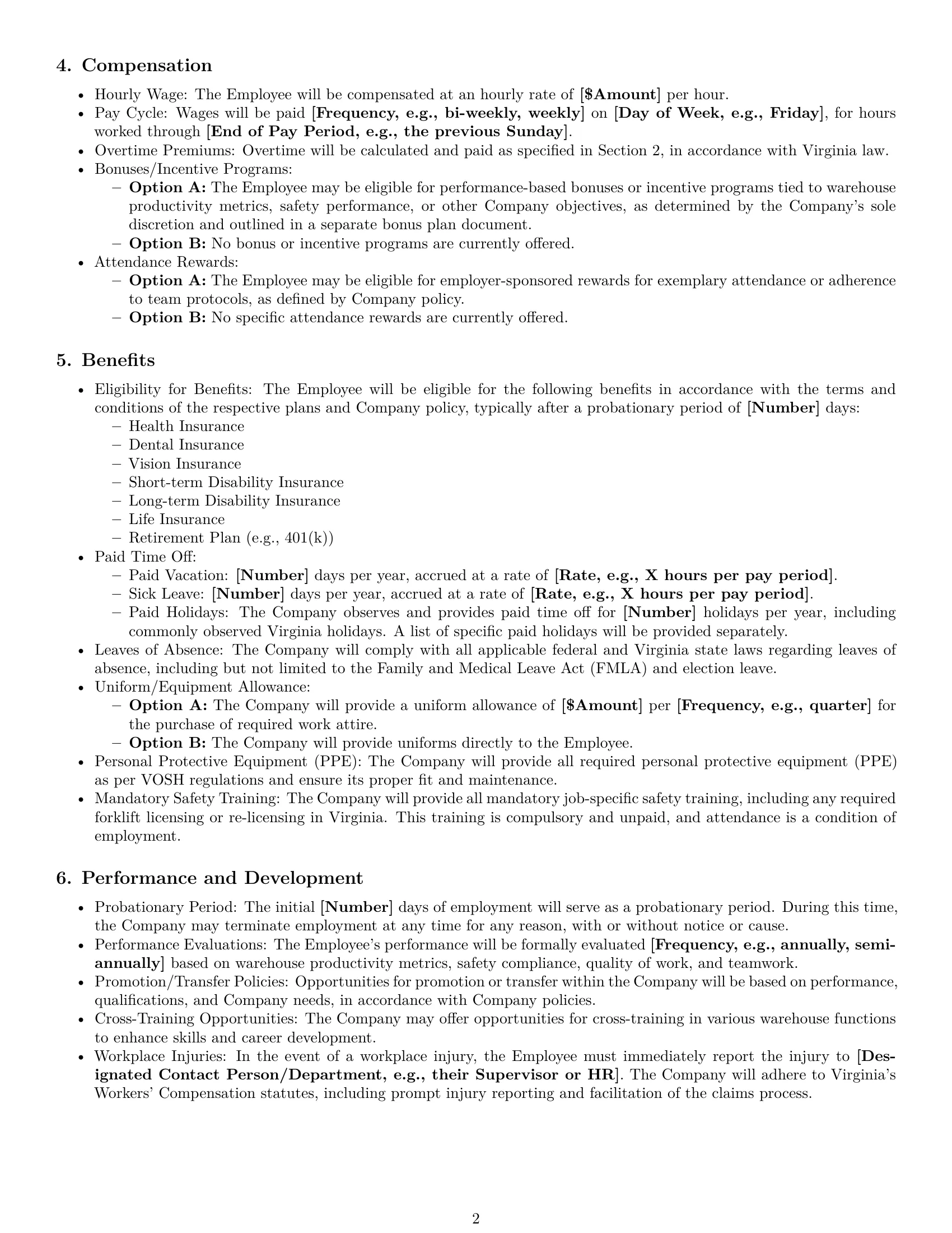 Preview page 2 of Pro Virginia warehouse worker employment contract template