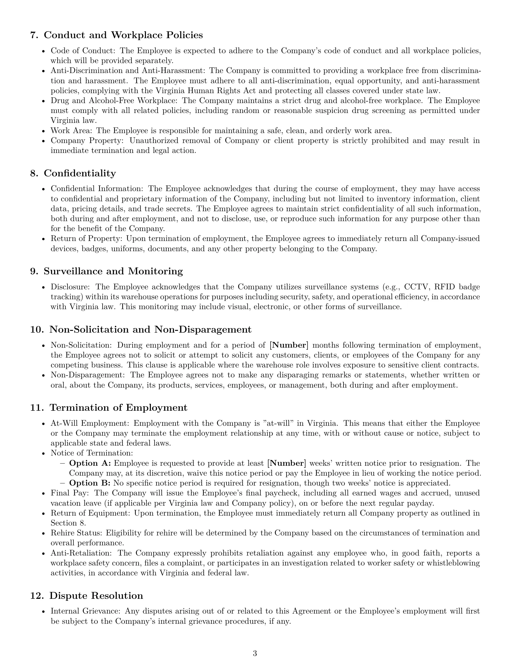 Preview page 3 of Pro Virginia warehouse worker employment contract template