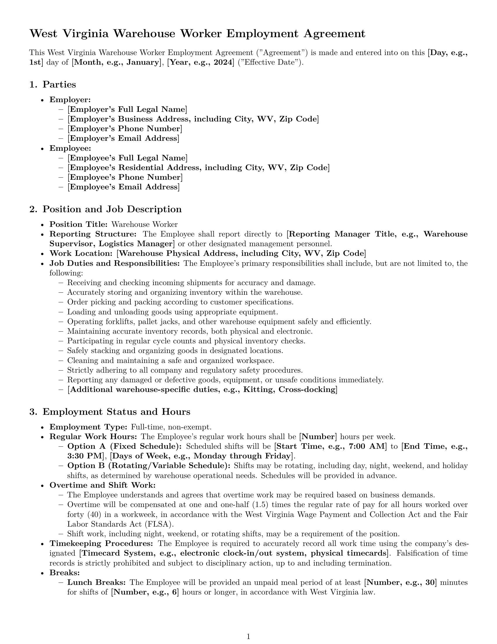 Preview page 1 of Pro West Virginia warehouse worker employment contract template