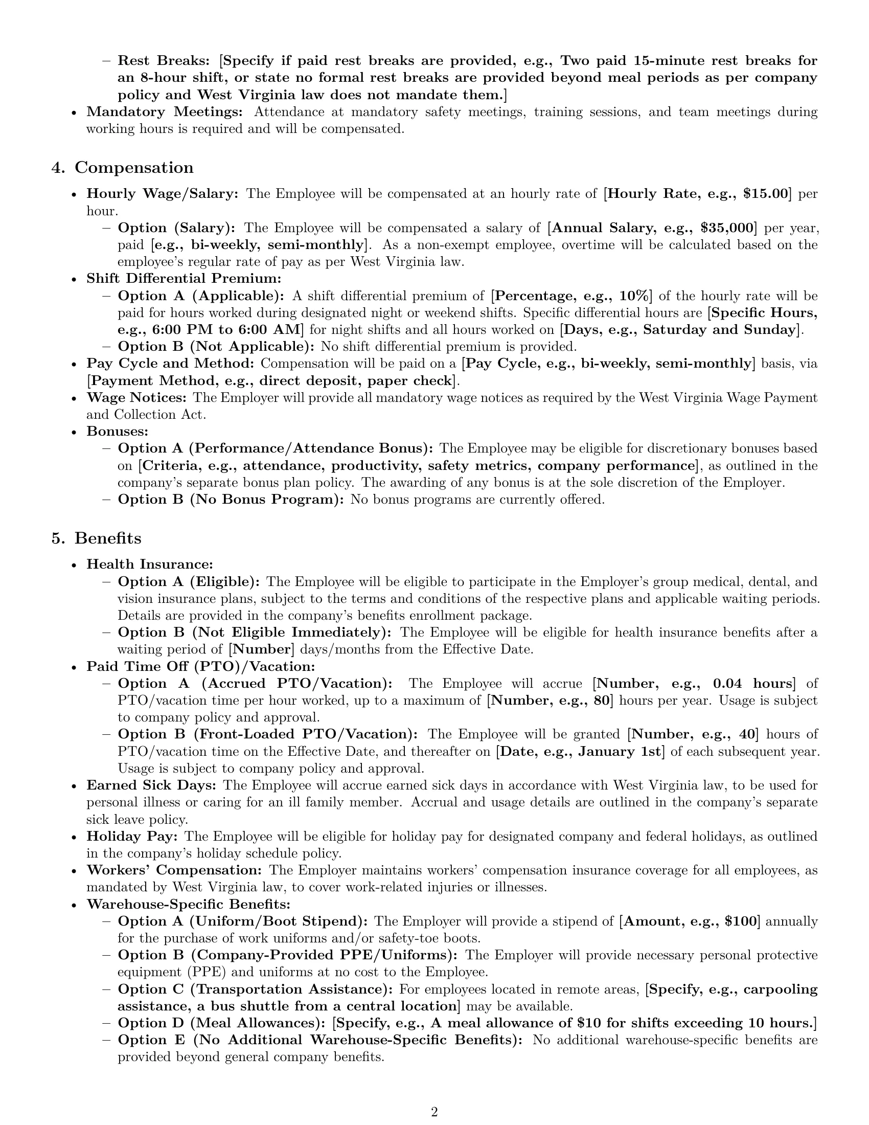 Preview page 2 of Pro West Virginia warehouse worker employment contract template