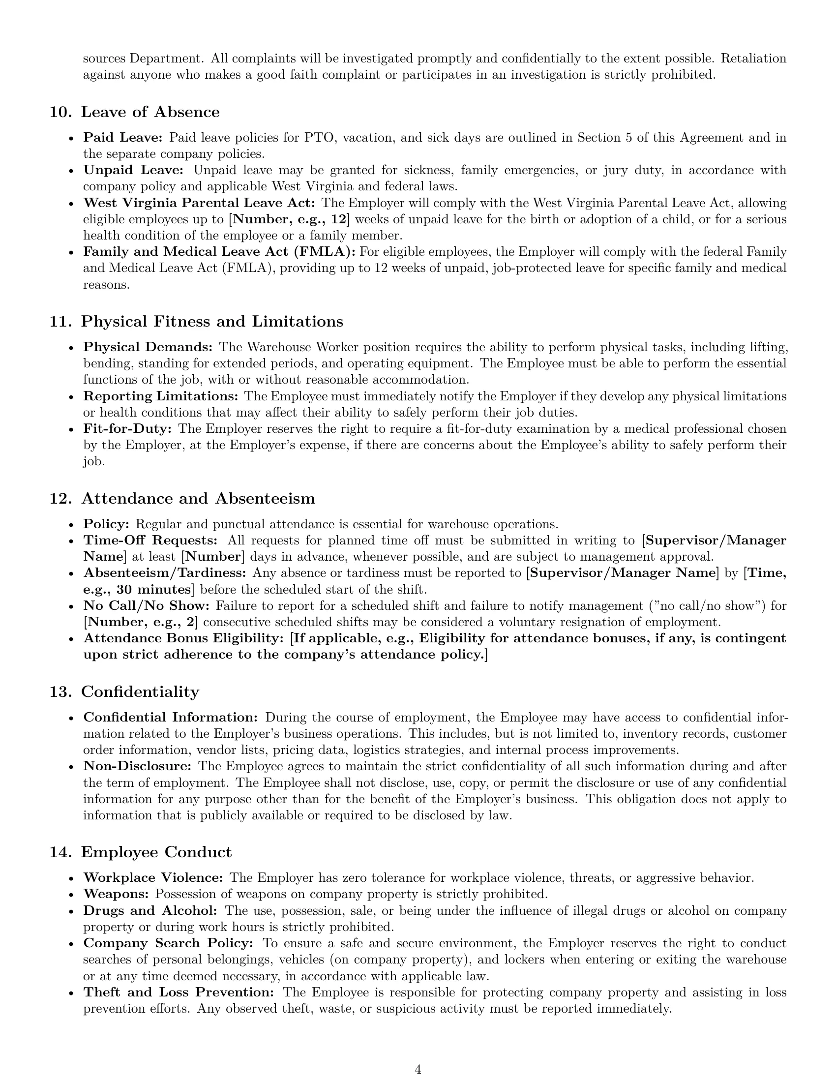 Preview page 4 of Pro West Virginia warehouse worker employment contract template