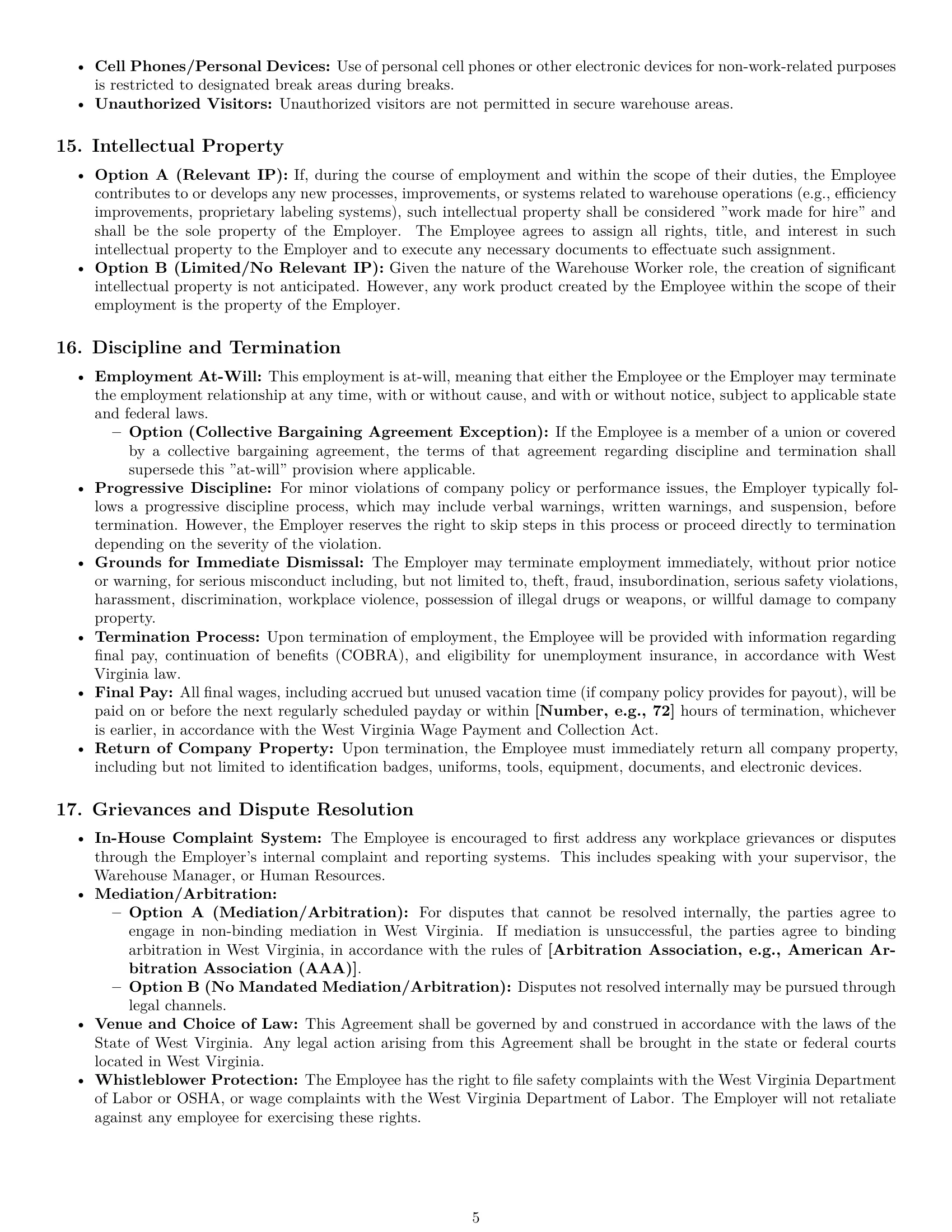 Preview page 5 of Pro West Virginia warehouse worker employment contract template