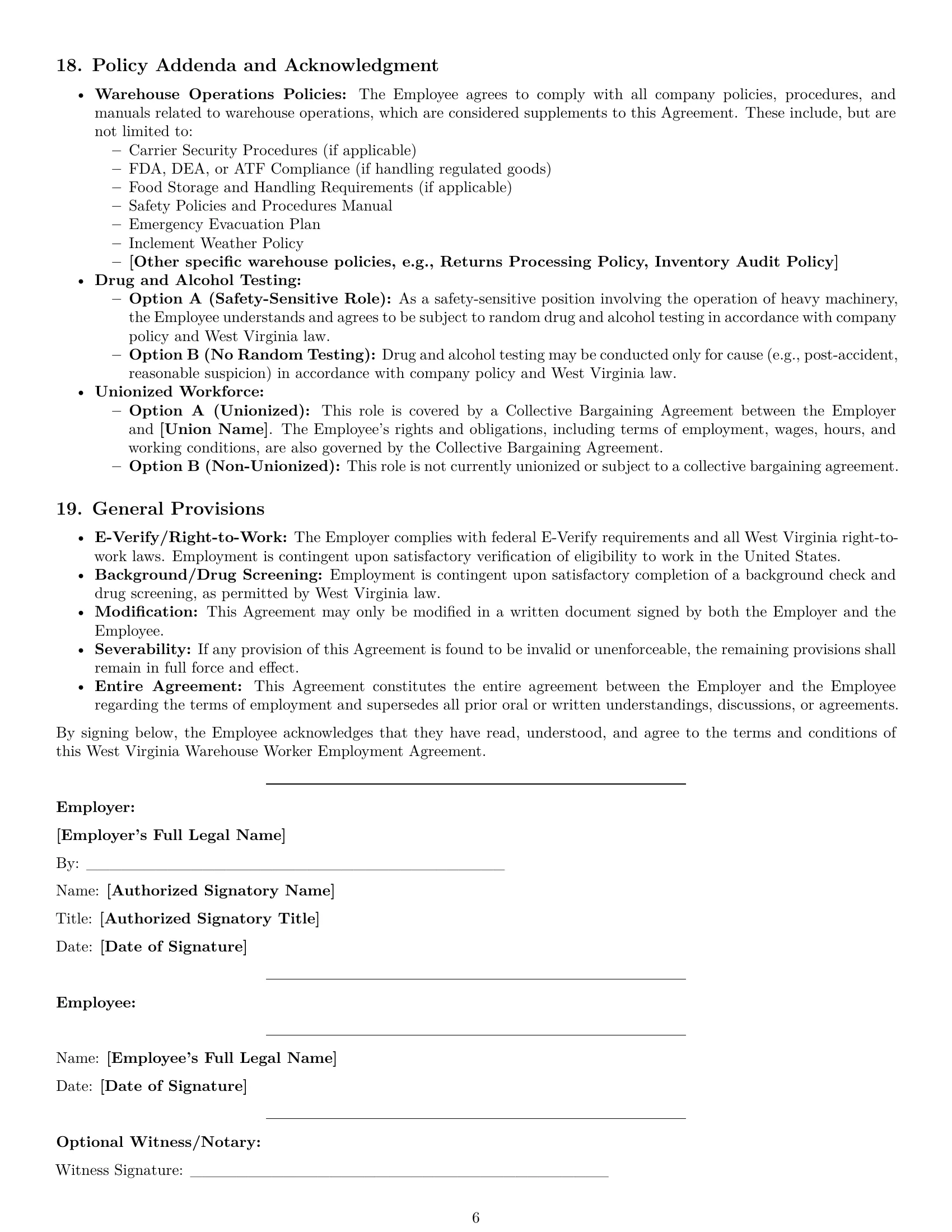 Preview page 6 of Pro West Virginia warehouse worker employment contract template