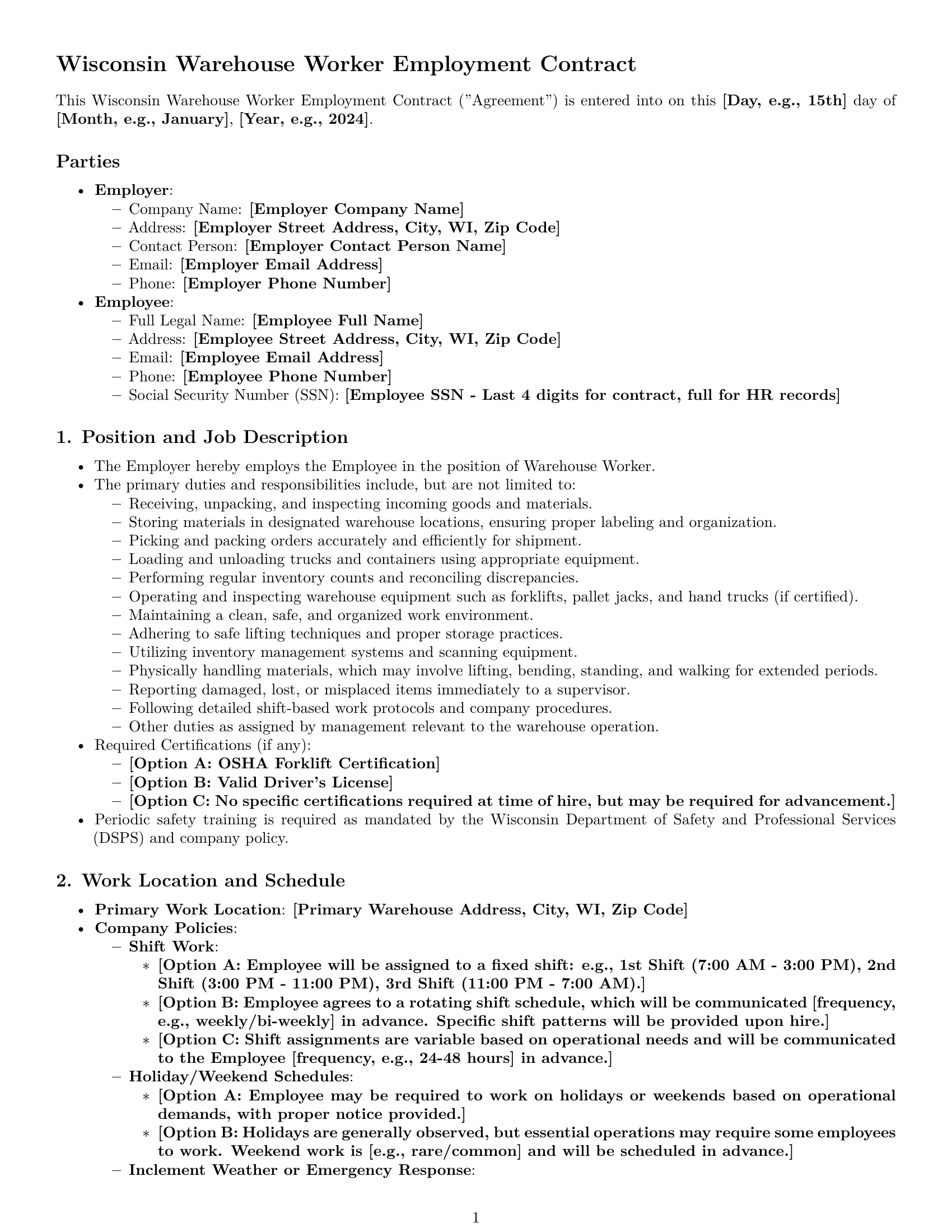 Preview page 1 of Pro Wisconsin warehouse worker employment contract template