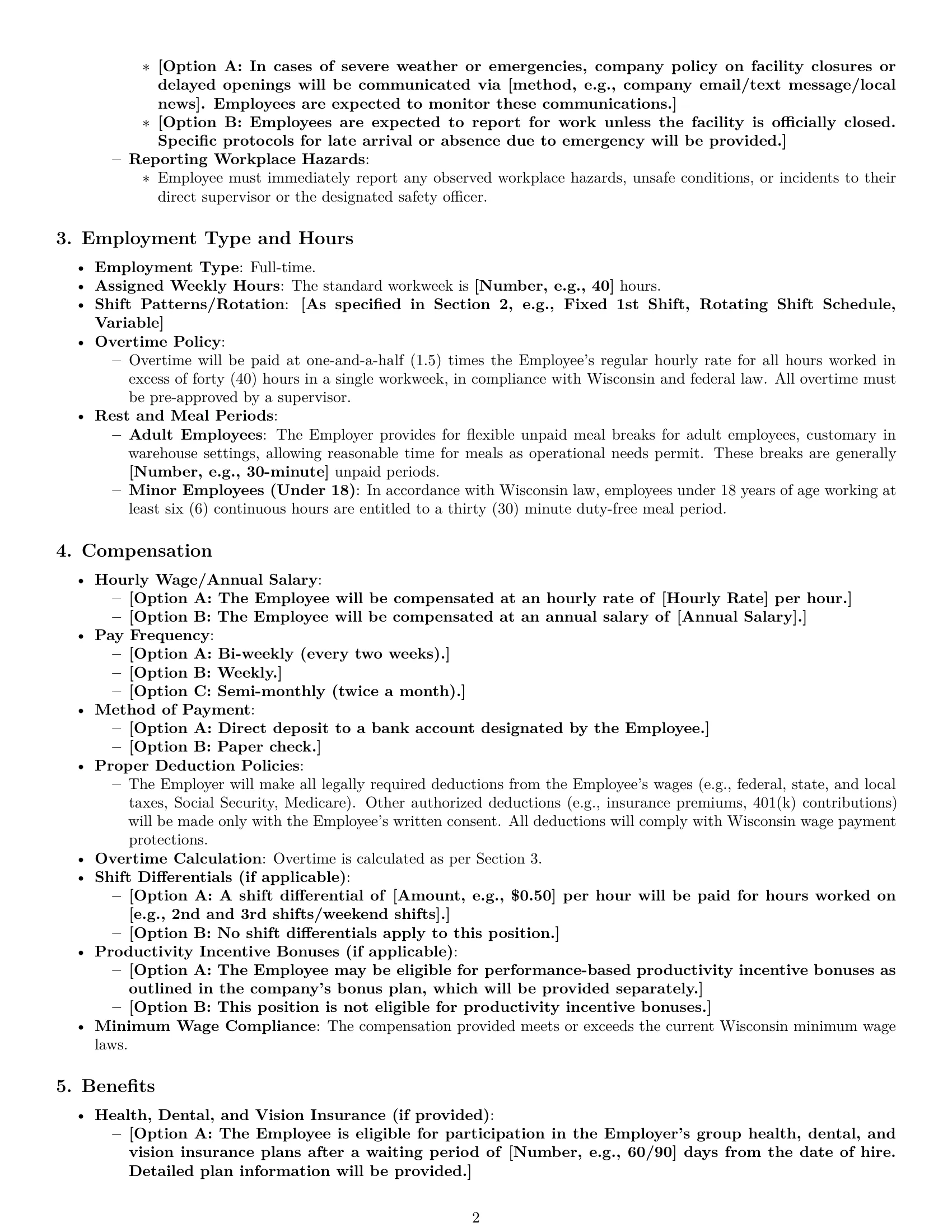 Preview page 2 of Pro Wisconsin warehouse worker employment contract template