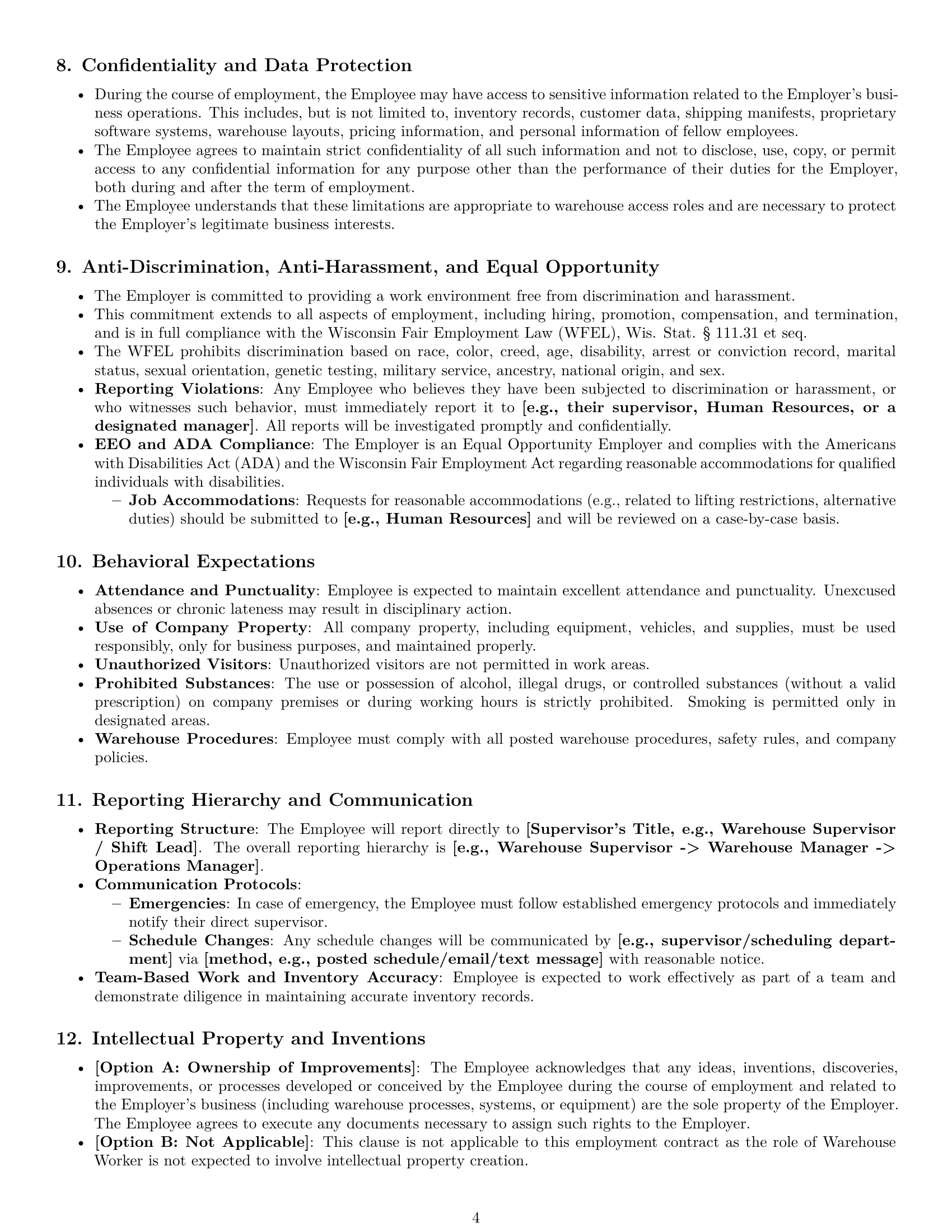 Preview page 4 of Pro Wisconsin warehouse worker employment contract template