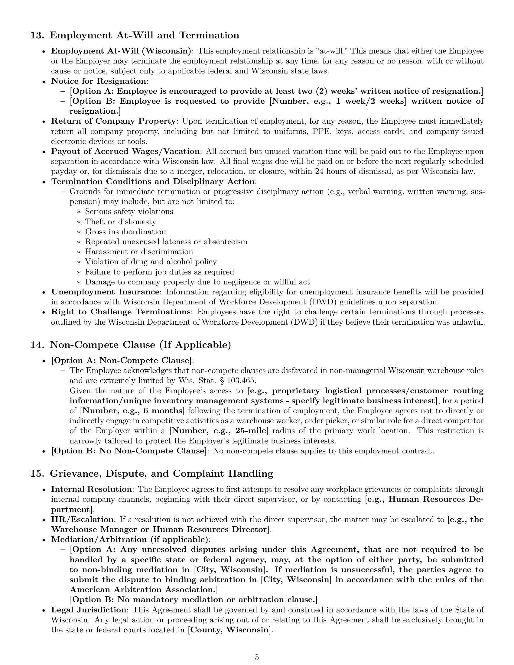 Preview page 5 of Pro Wisconsin warehouse worker employment contract template