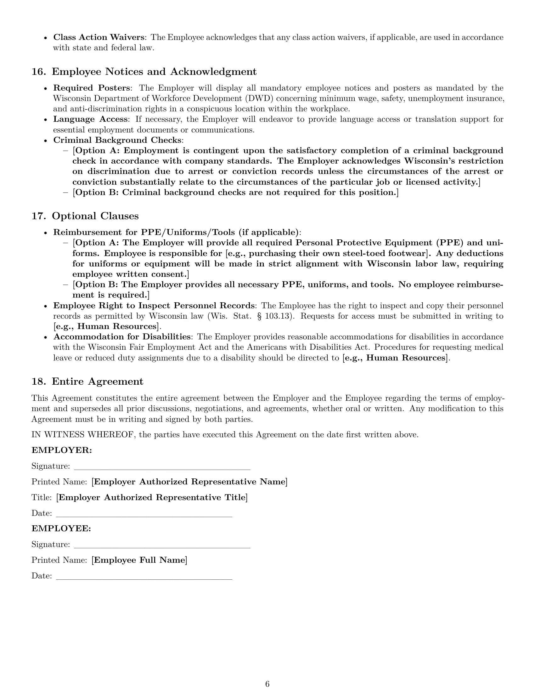 Preview page 6 of Pro Wisconsin warehouse worker employment contract template