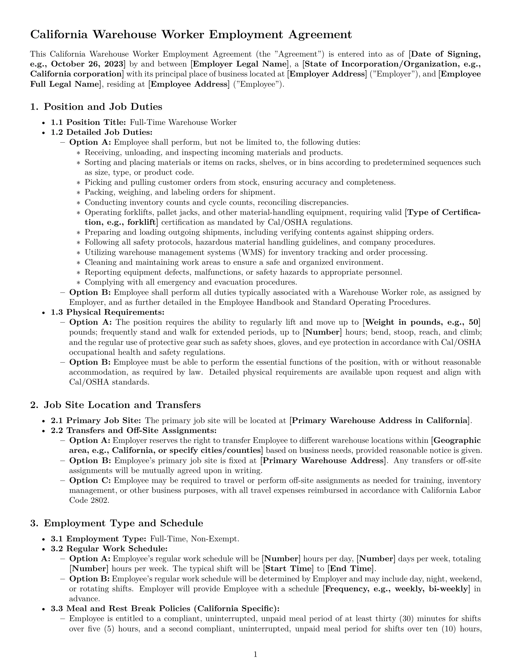 Preview page 1 of Pro California warehouse worker employment contract template