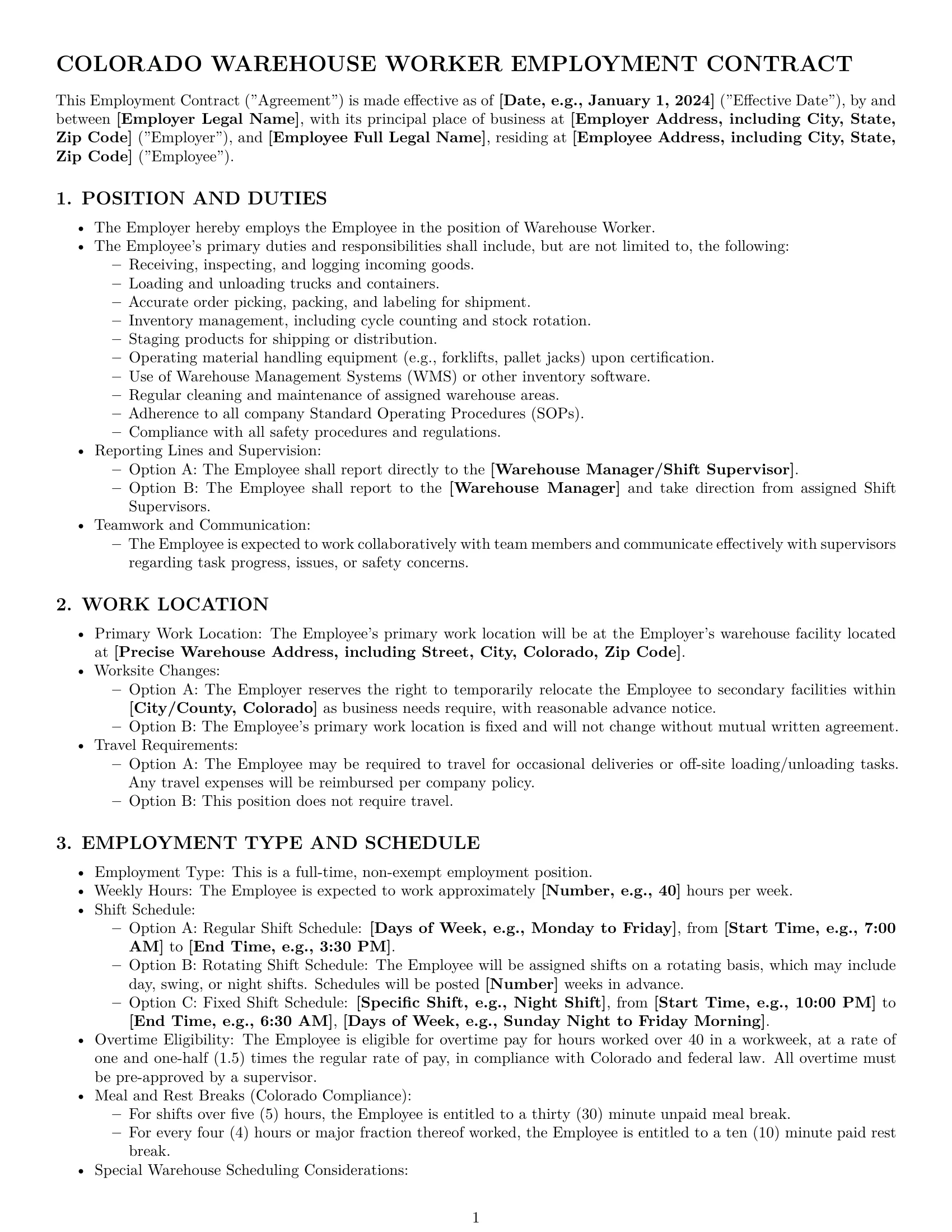 Preview page 1 of Pro Colorado warehouse worker employment contract template