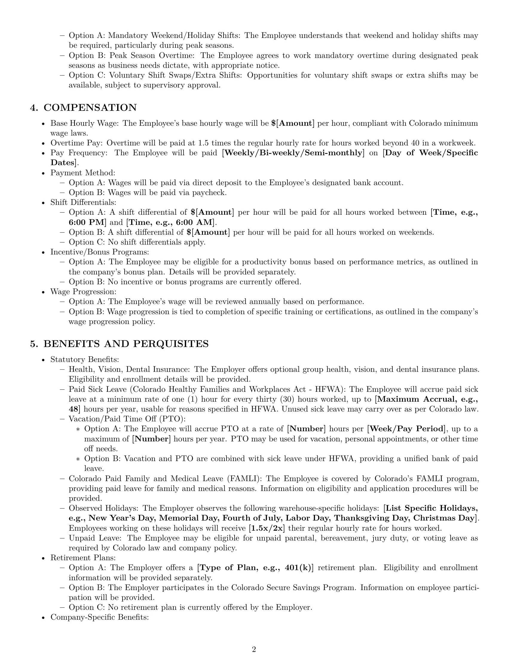 Preview page 2 of Pro Colorado warehouse worker employment contract template