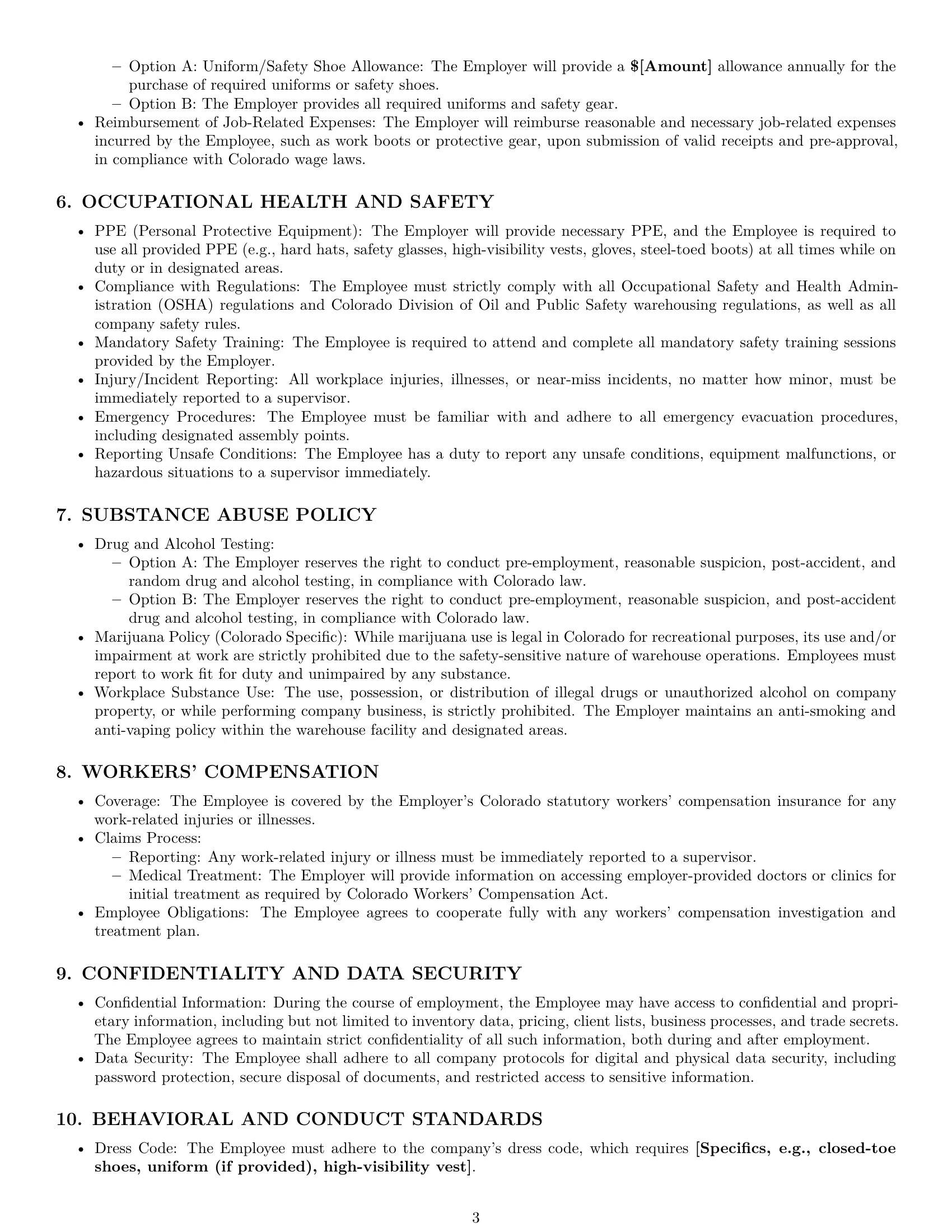 Preview page 3 of Pro Colorado warehouse worker employment contract template