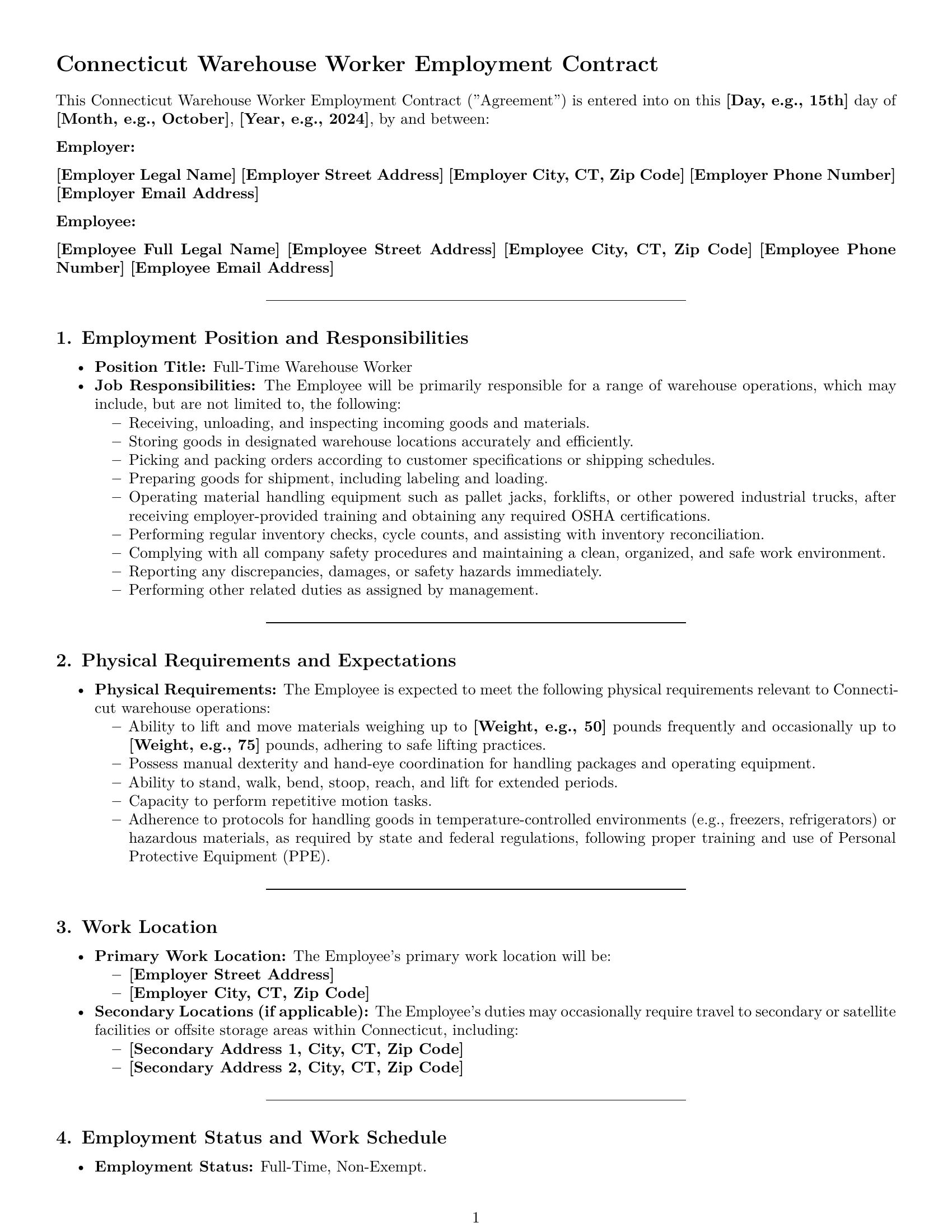 Preview page 1 of Pro Connecticut warehouse worker employment contract template