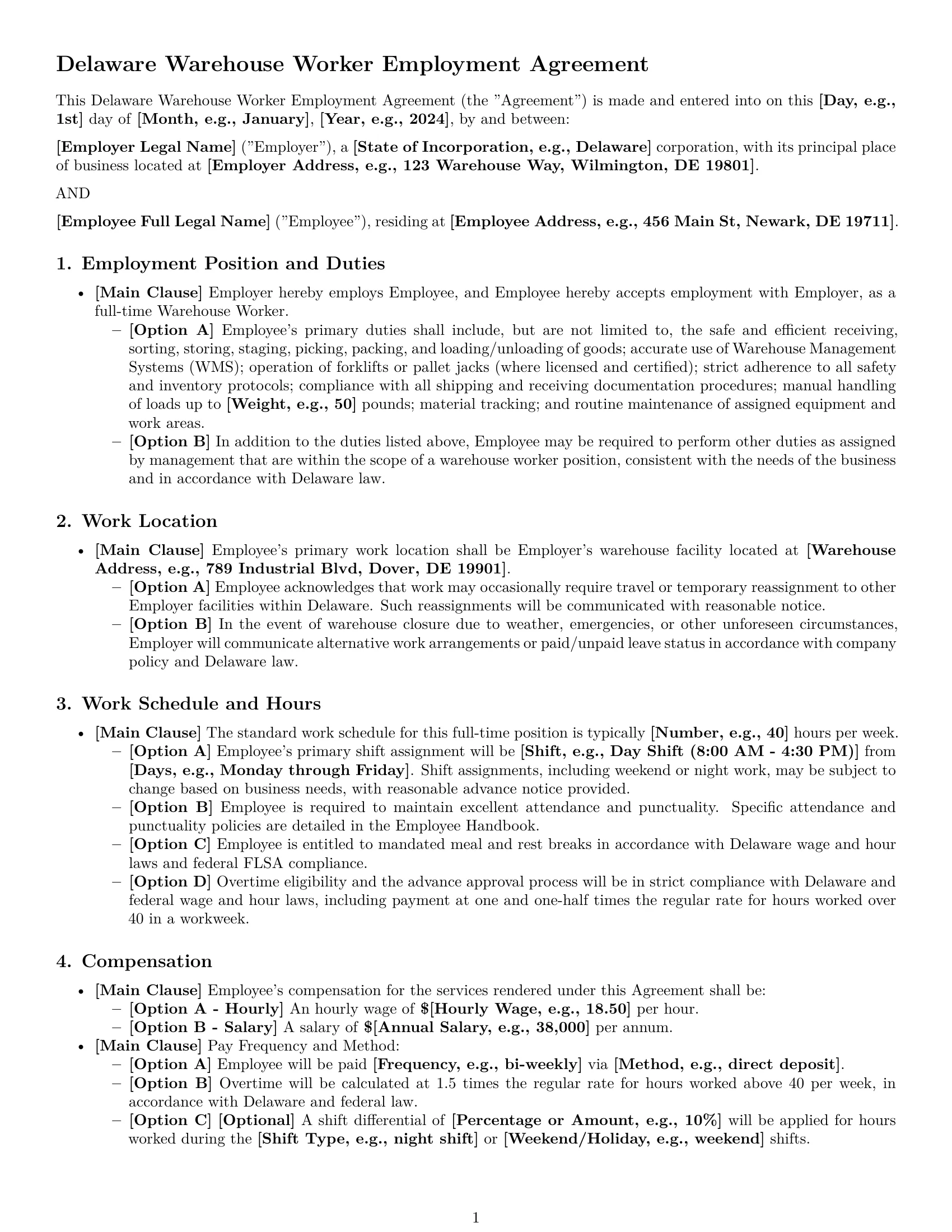 Preview page 1 of Pro Delaware warehouse worker employment contract template