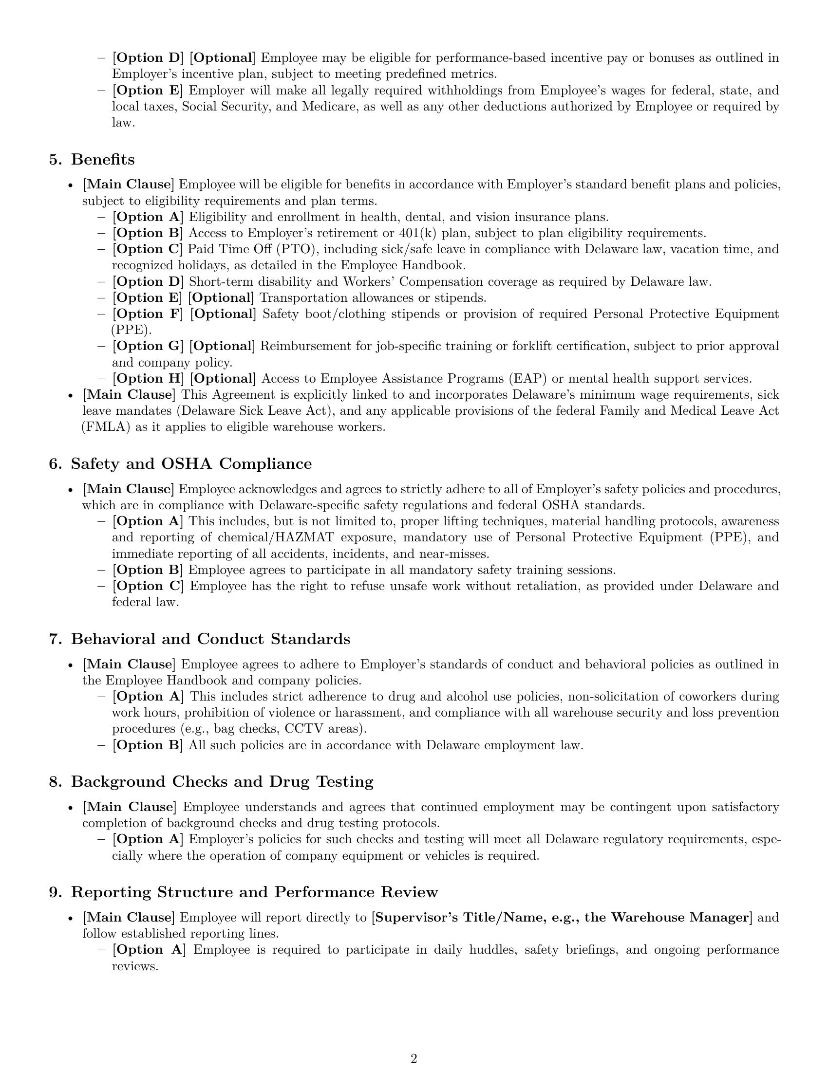 Preview page 2 of Pro Delaware warehouse worker employment contract template