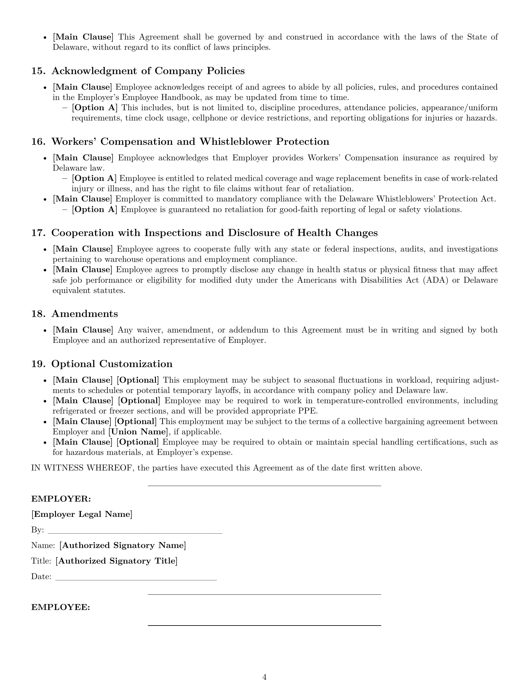Preview page 4 of Pro Delaware warehouse worker employment contract template