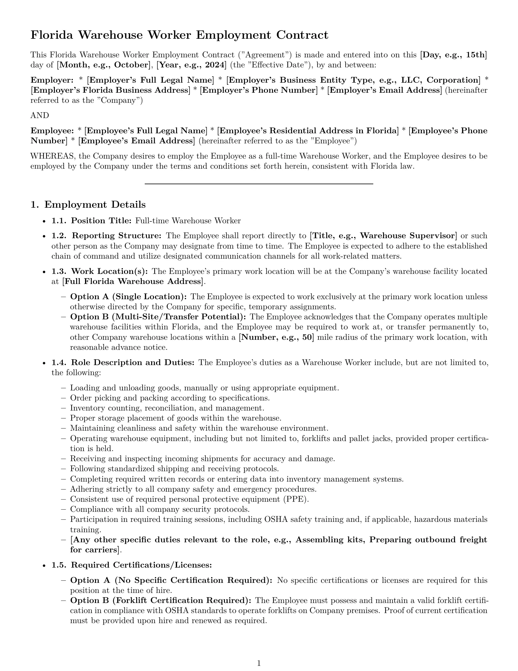 Preview page 1 of Pro Florida warehouse worker employment contract template