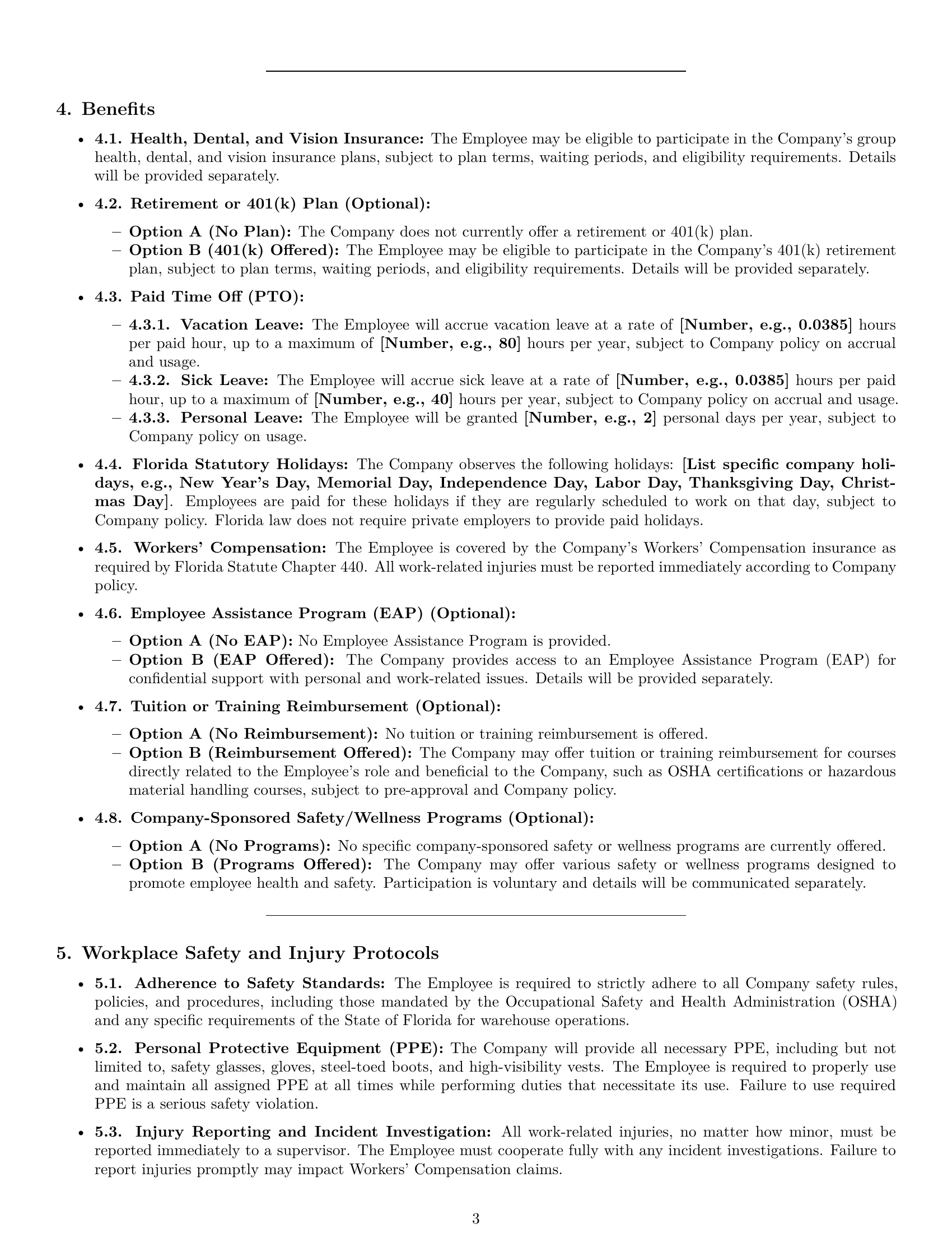 Preview page 3 of Pro Florida warehouse worker employment contract template