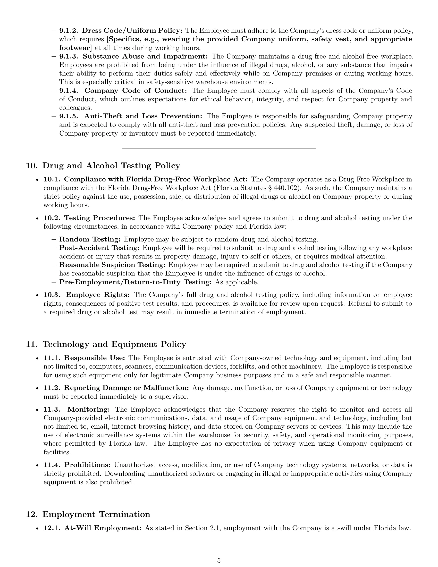 Preview page 5 of Pro Florida warehouse worker employment contract template
