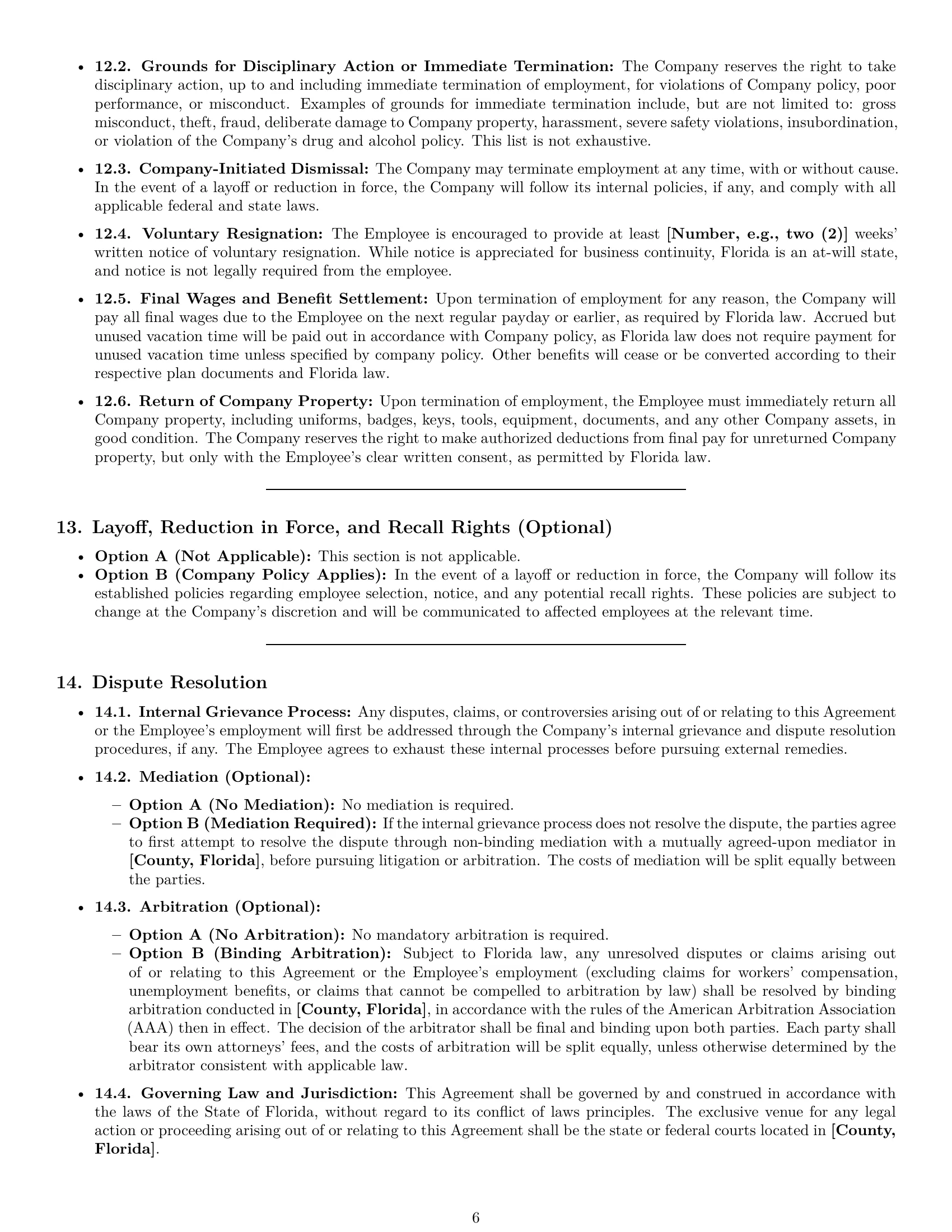 Preview page 6 of Pro Florida warehouse worker employment contract template