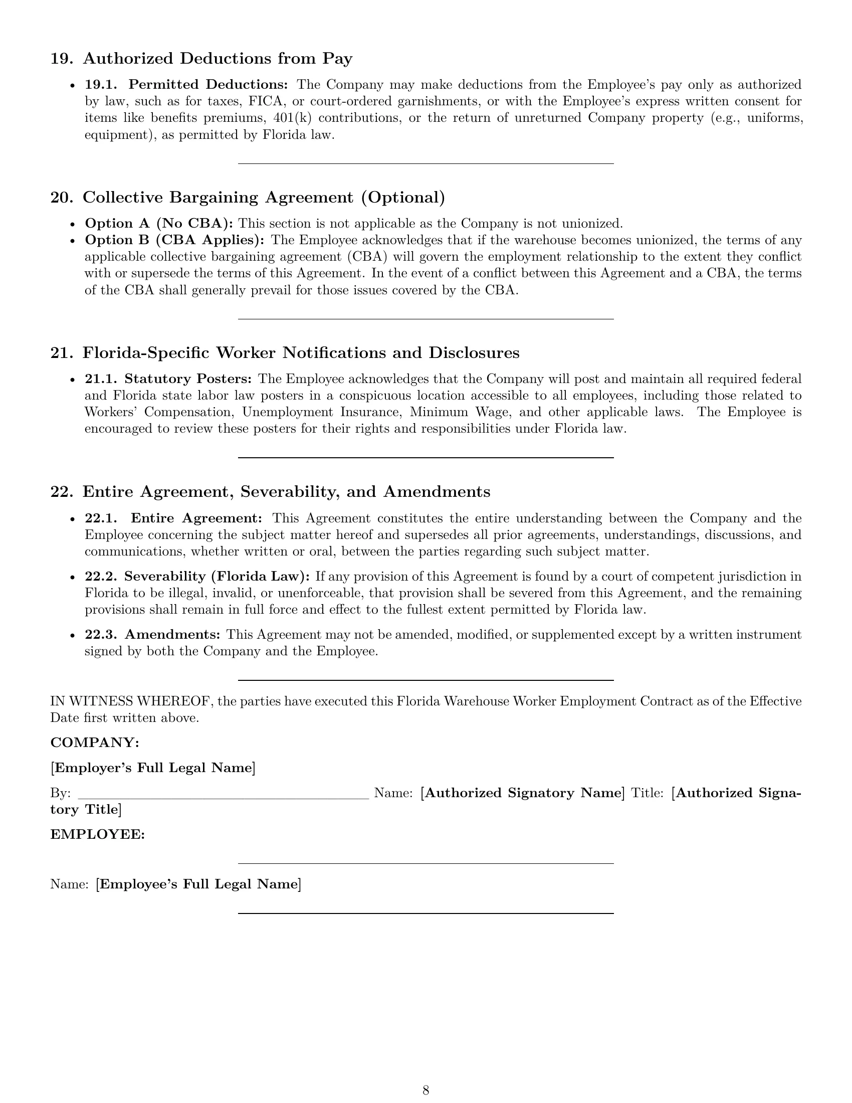 Preview page 8 of Pro Florida warehouse worker employment contract template