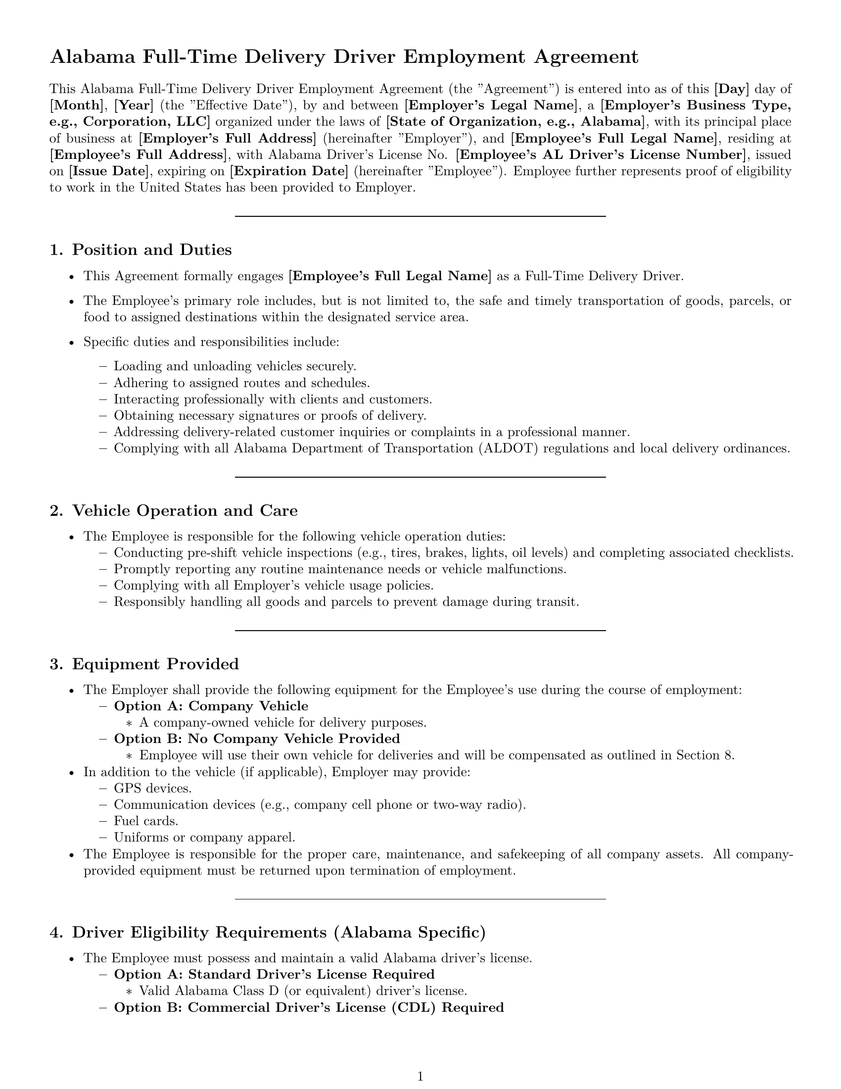 Preview page 1 of Pro Alabama delivery driver employment contract template
