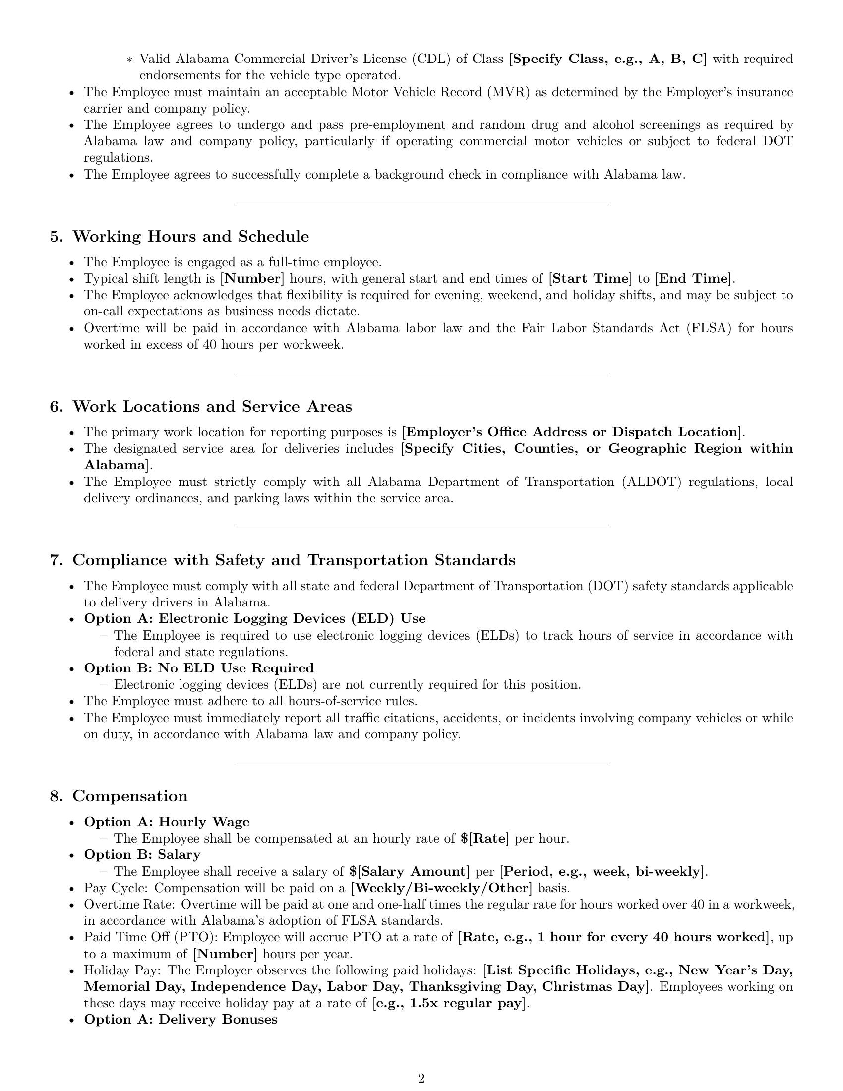 Preview page 2 of Pro Alabama delivery driver employment contract template