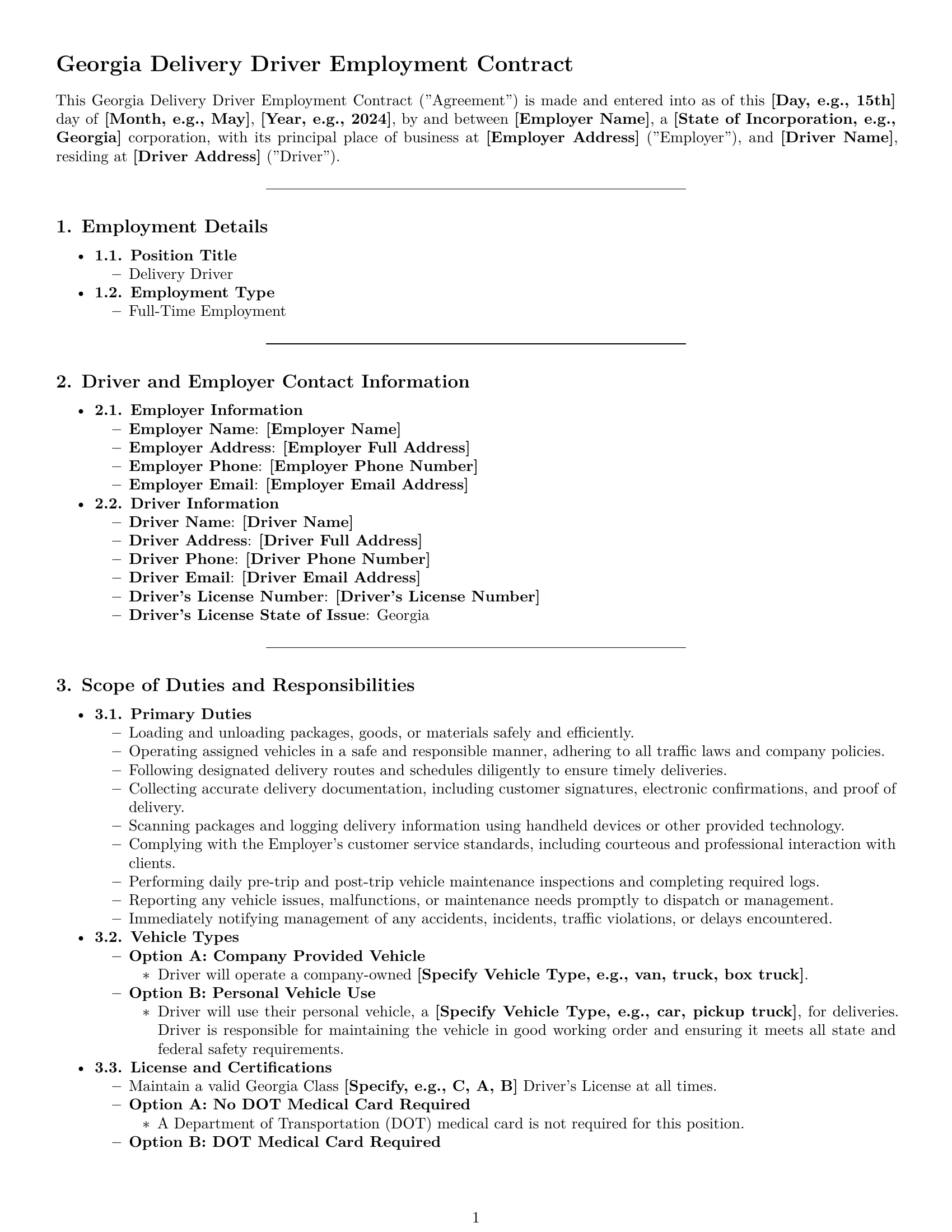Preview page 1 of Pro Georgia delivery driver employment contract template