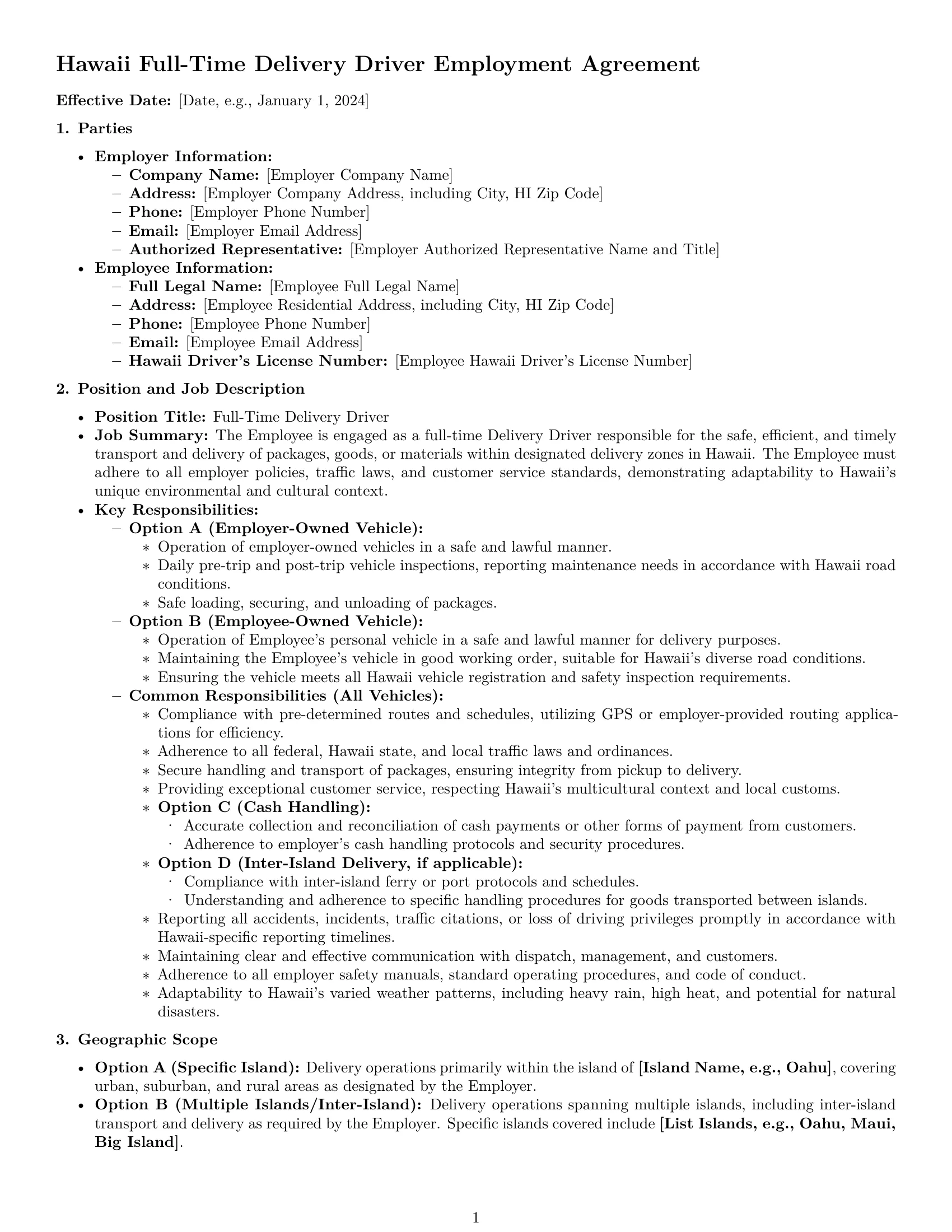 Preview page 1 of Pro Hawaii delivery driver employment contract template