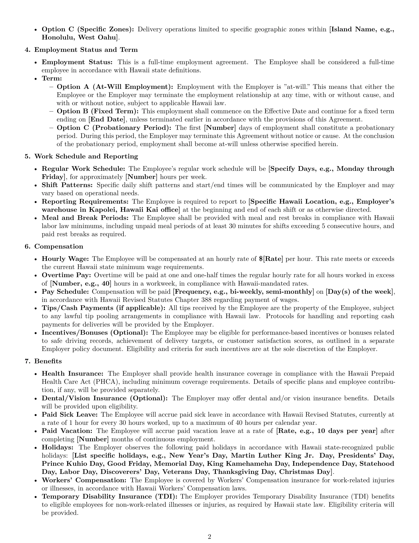 Preview page 2 of Pro Hawaii delivery driver employment contract template
