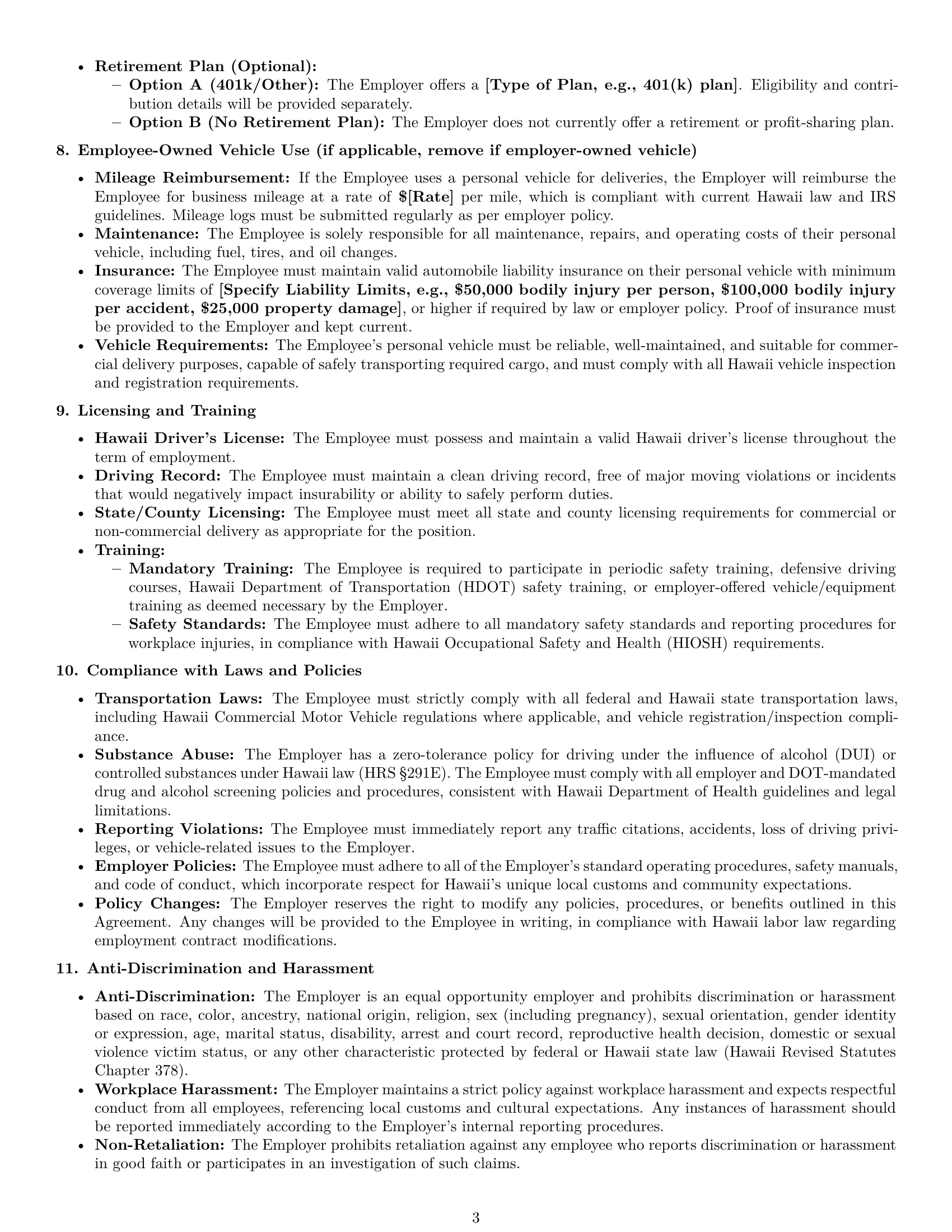 Preview page 3 of Pro Hawaii delivery driver employment contract template