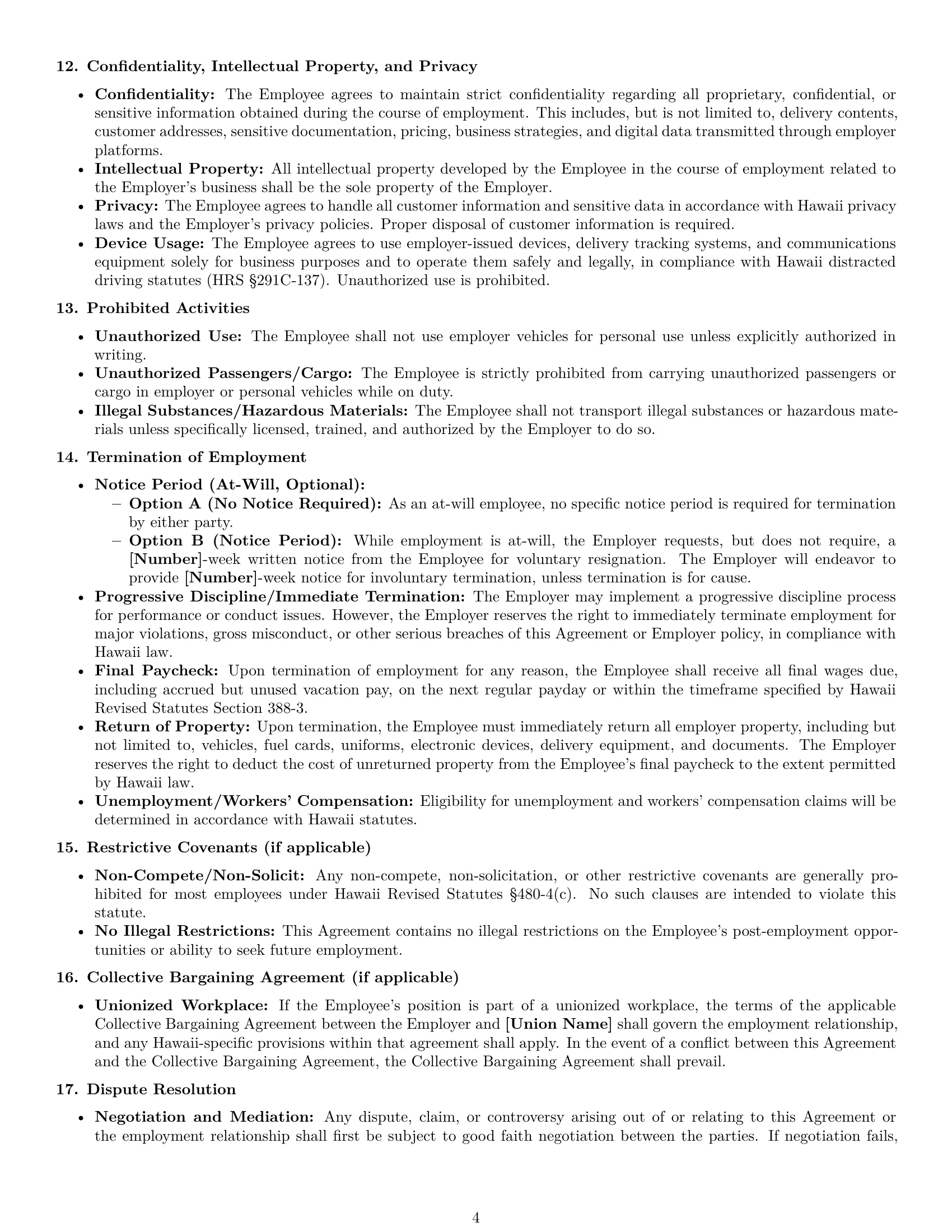 Preview page 4 of Pro Hawaii delivery driver employment contract template