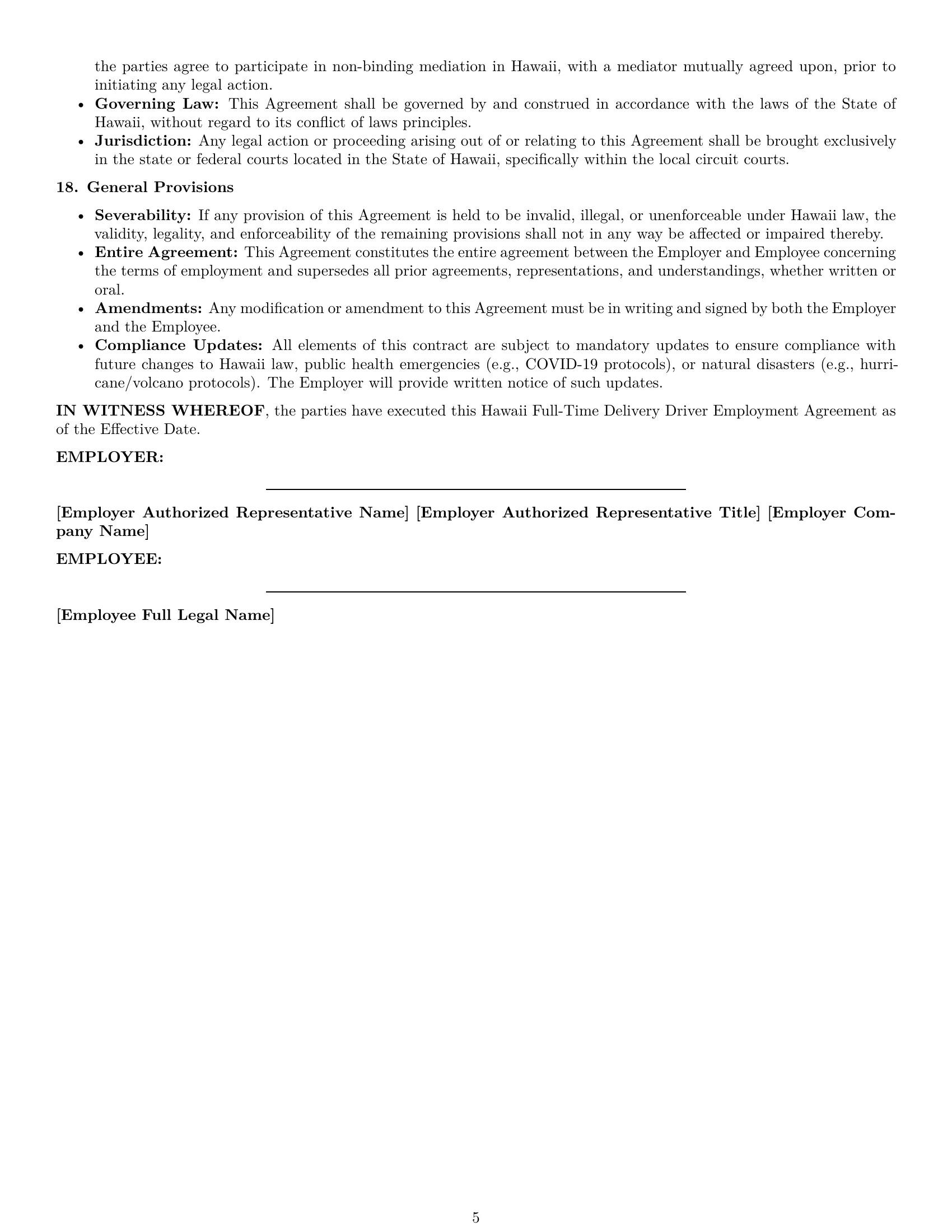 Preview page 5 of Pro Hawaii delivery driver employment contract template