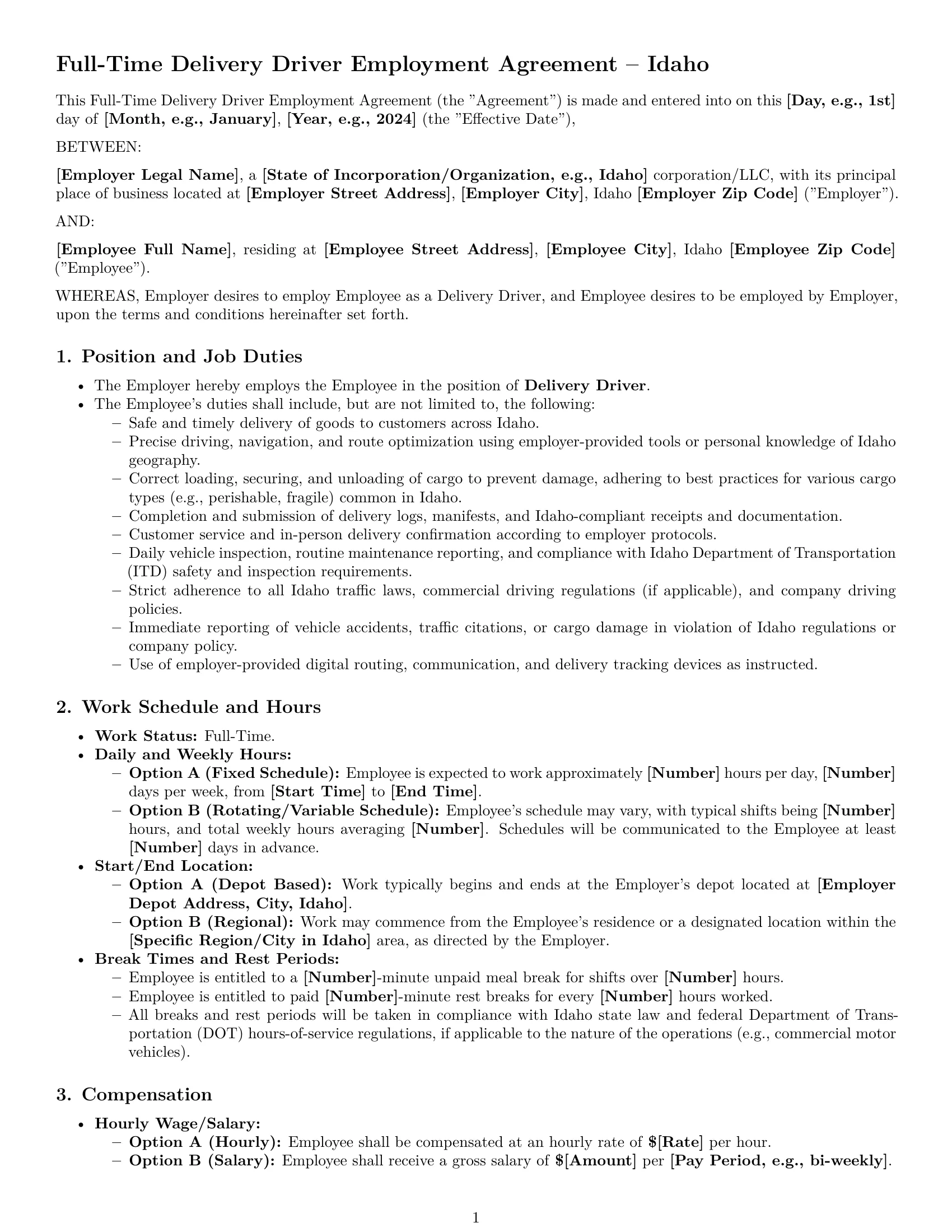 Preview page 1 of Pro Idaho delivery driver employment contract template