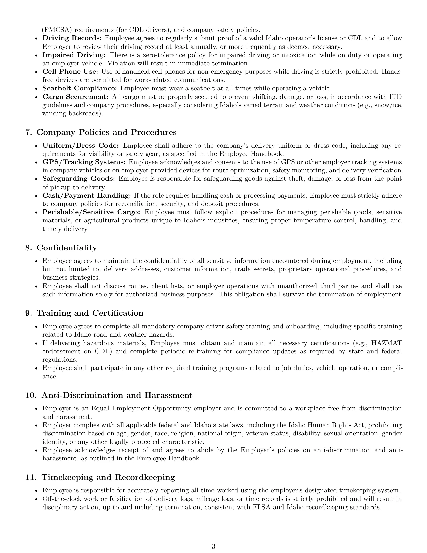 Preview page 3 of Pro Idaho delivery driver employment contract template