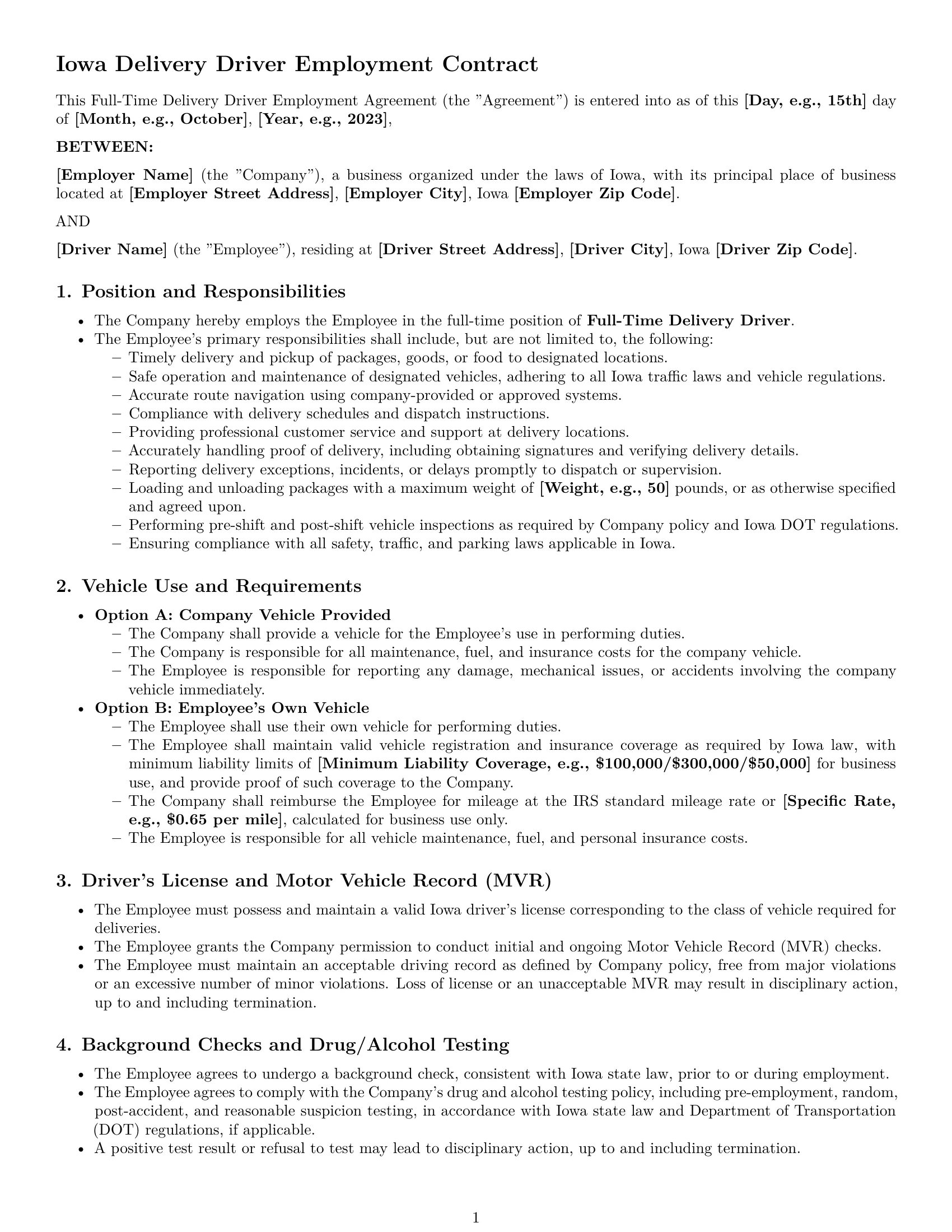 Preview page 1 of Pro Iowa delivery driver employment contract template
