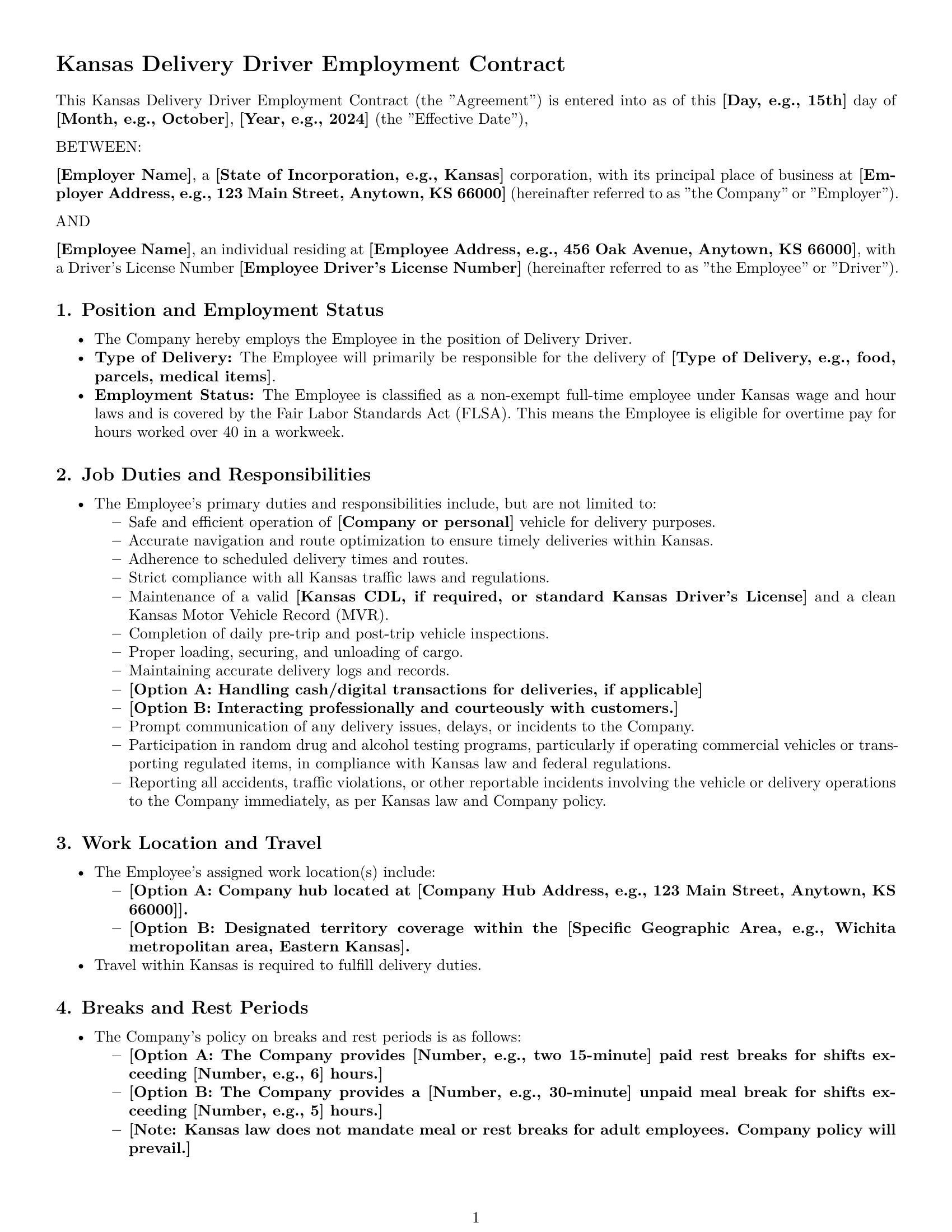 Preview page 1 of Pro Kansas delivery driver employment contract template
