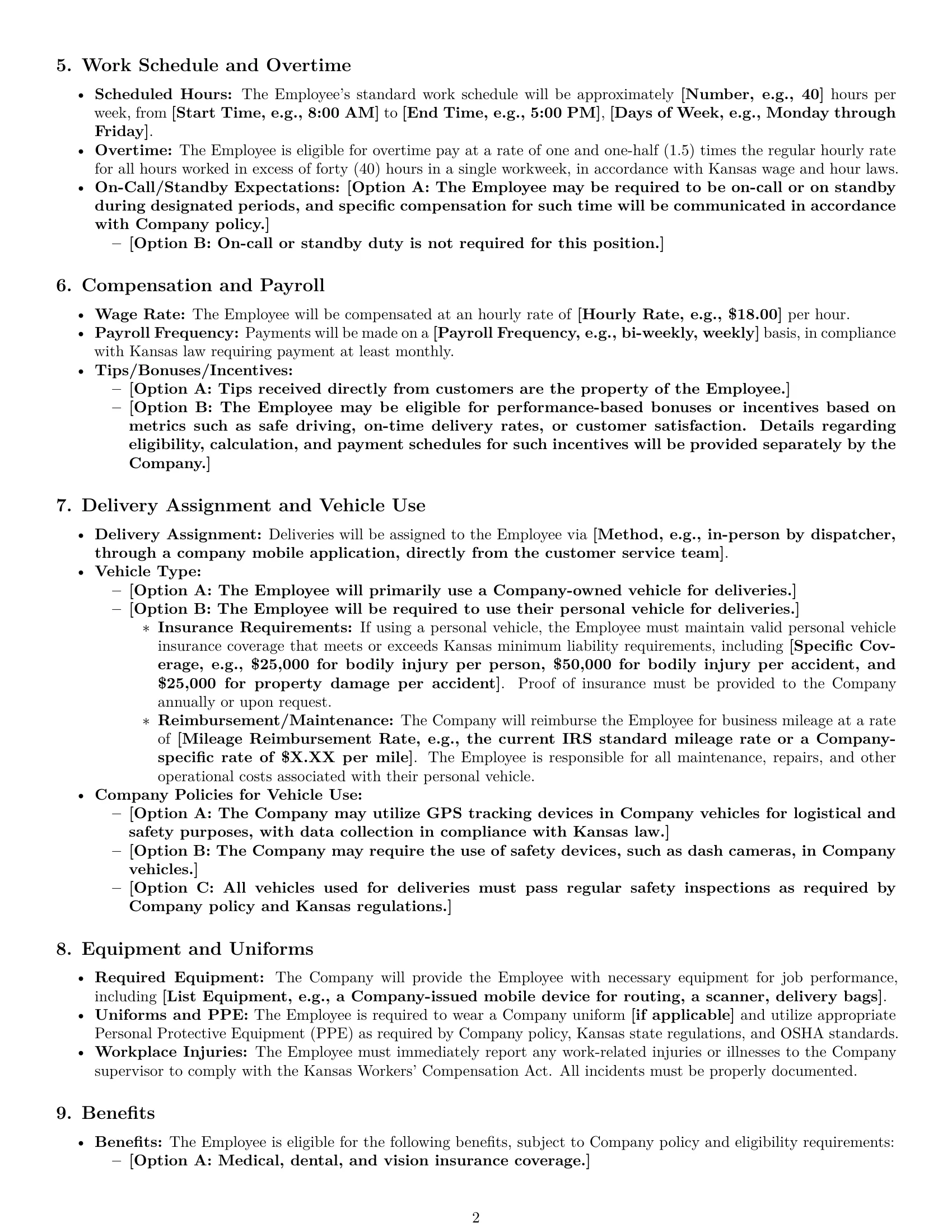 Preview page 2 of Pro Kansas delivery driver employment contract template