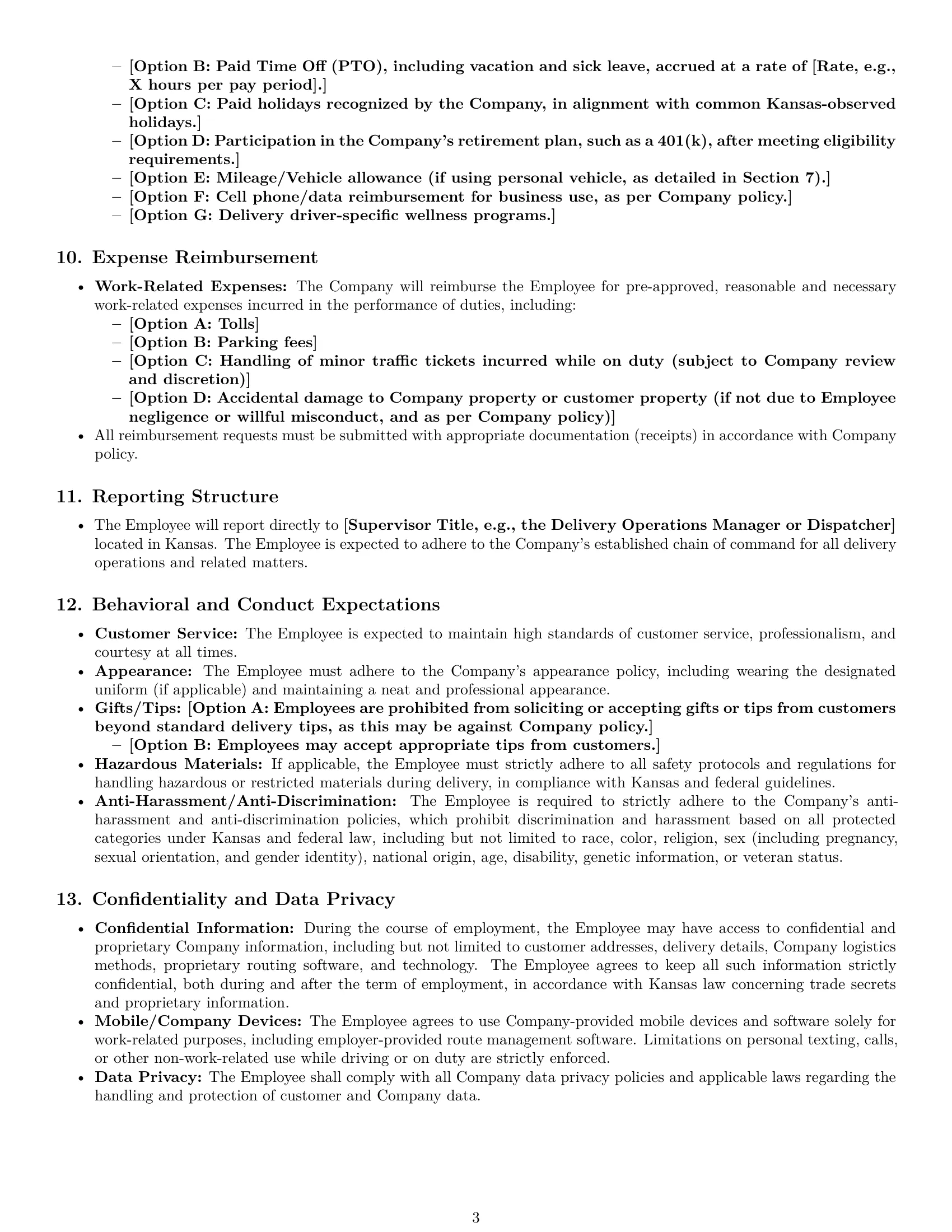 Preview page 3 of Pro Kansas delivery driver employment contract template