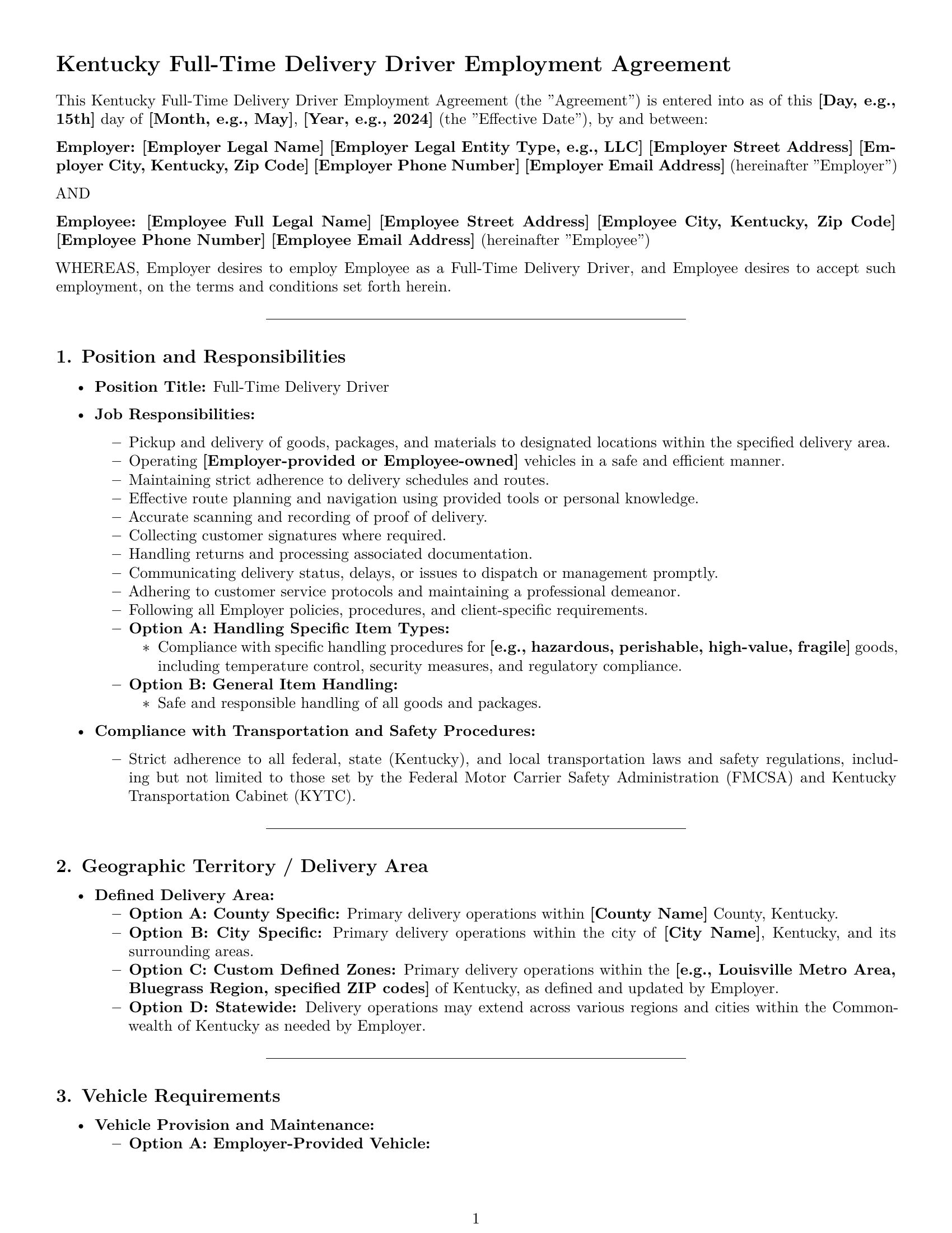 Preview page 1 of Pro Kentucky delivery driver employment contract template