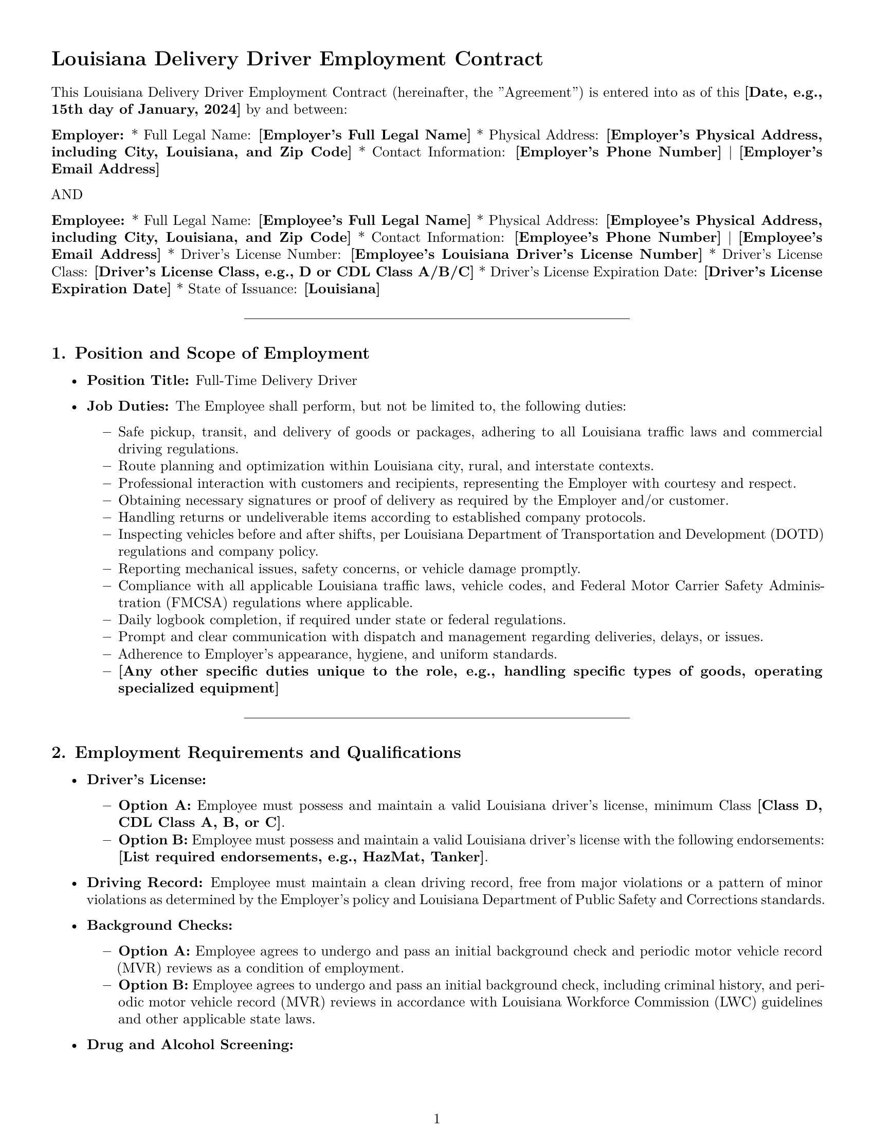 Preview page 1 of Pro Louisiana delivery driver employment contract template