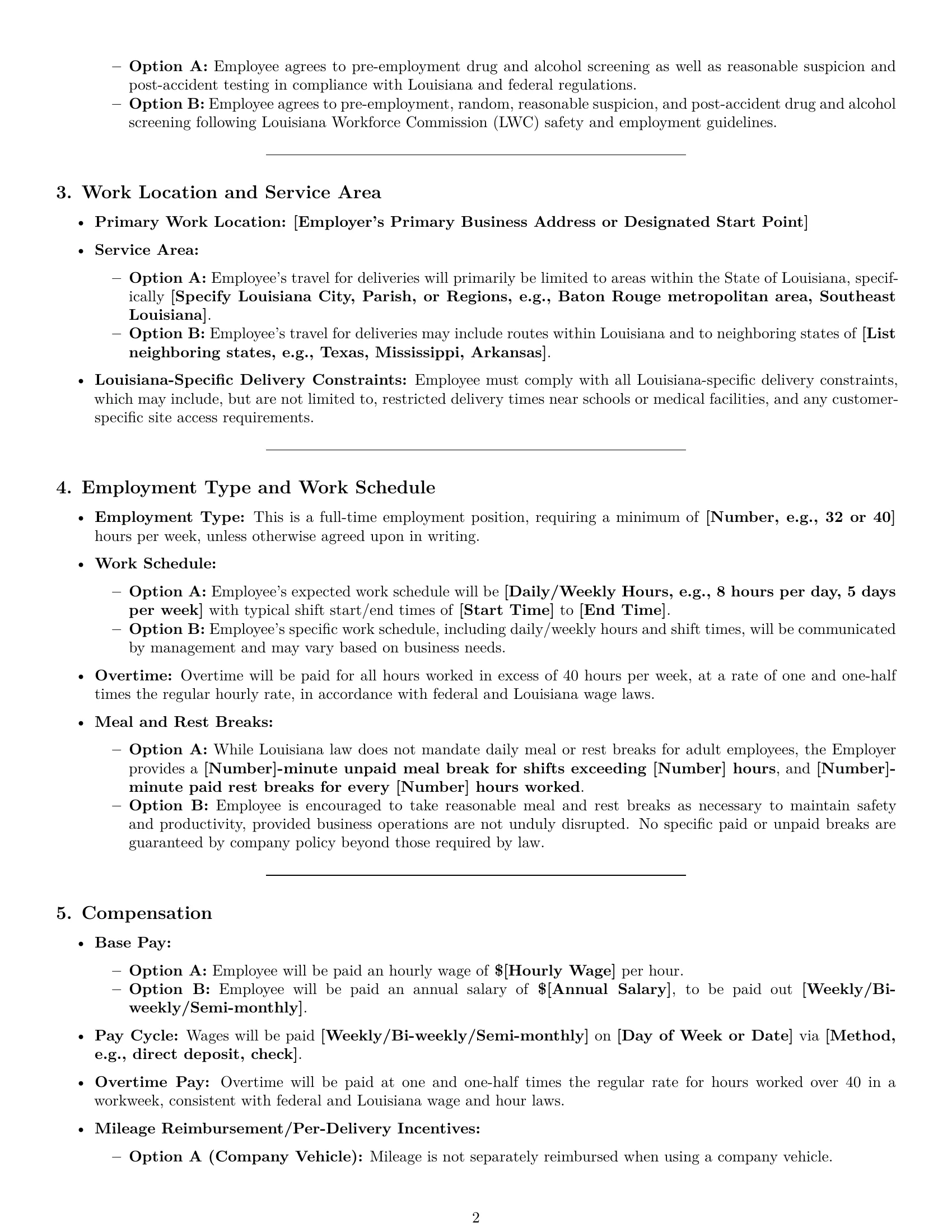 Preview page 2 of Pro Louisiana delivery driver employment contract template