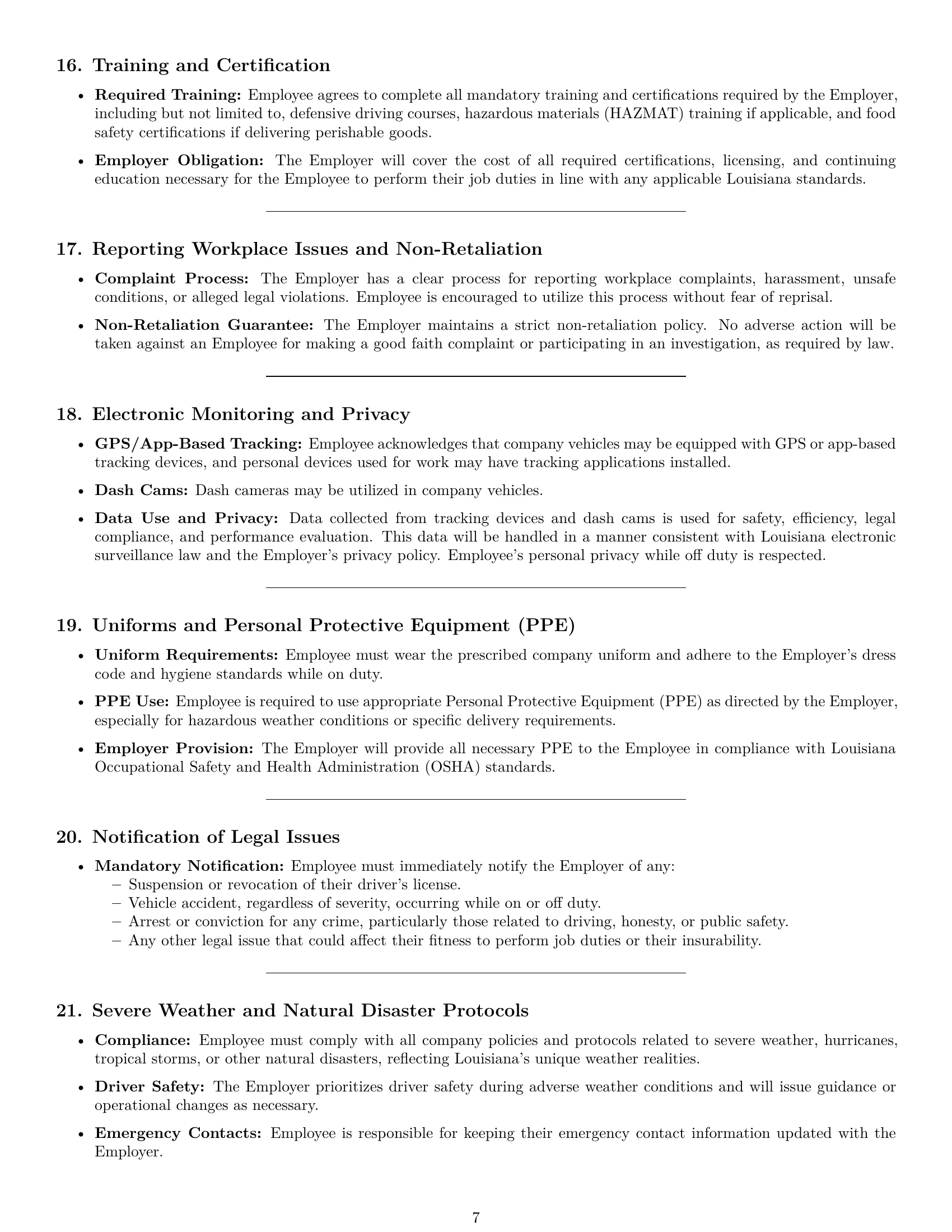 Preview page 7 of Pro Louisiana delivery driver employment contract template