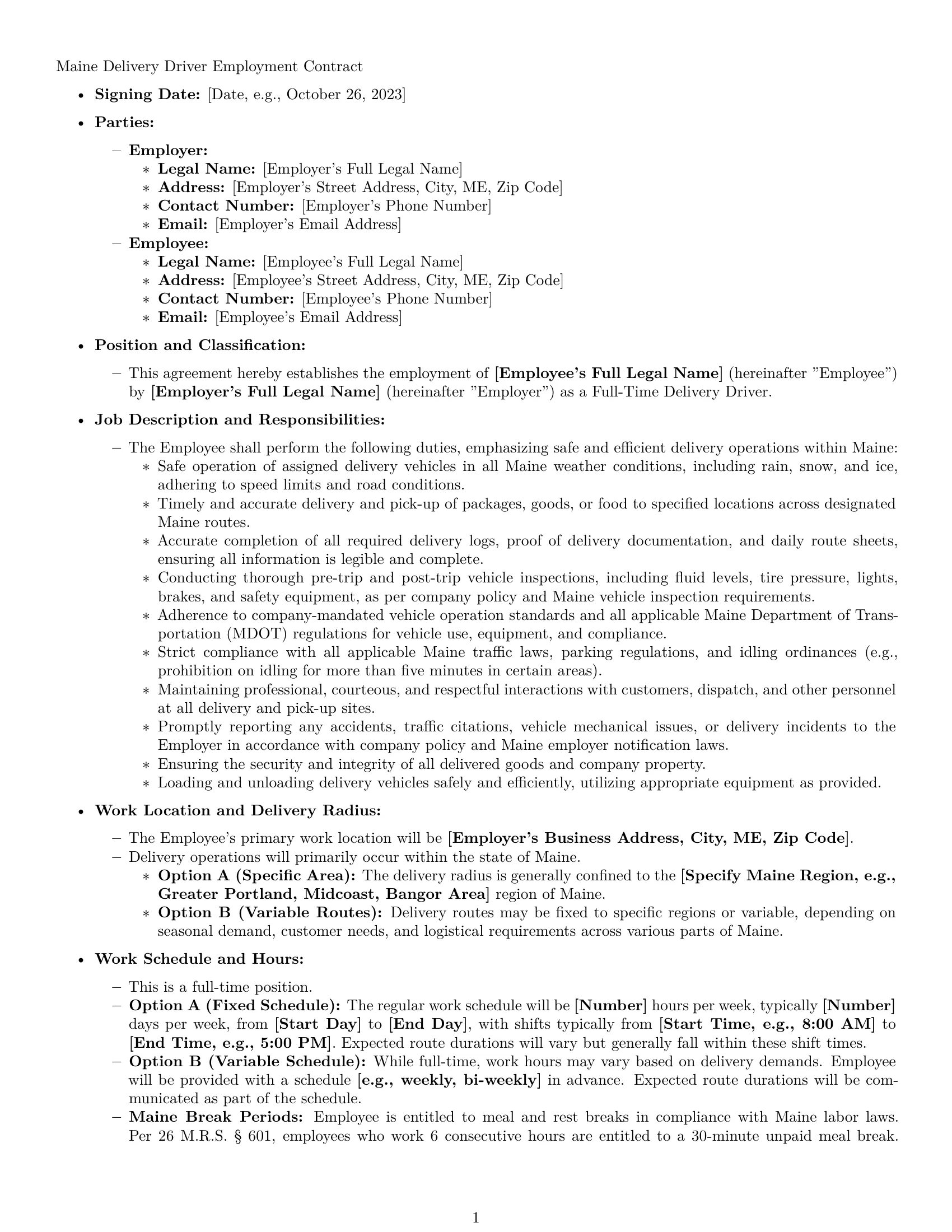 Preview page 1 of Pro Maine delivery driver employment contract template
