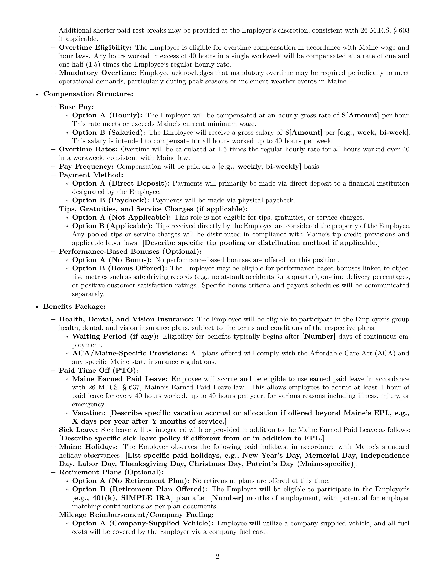 Preview page 2 of Pro Maine delivery driver employment contract template