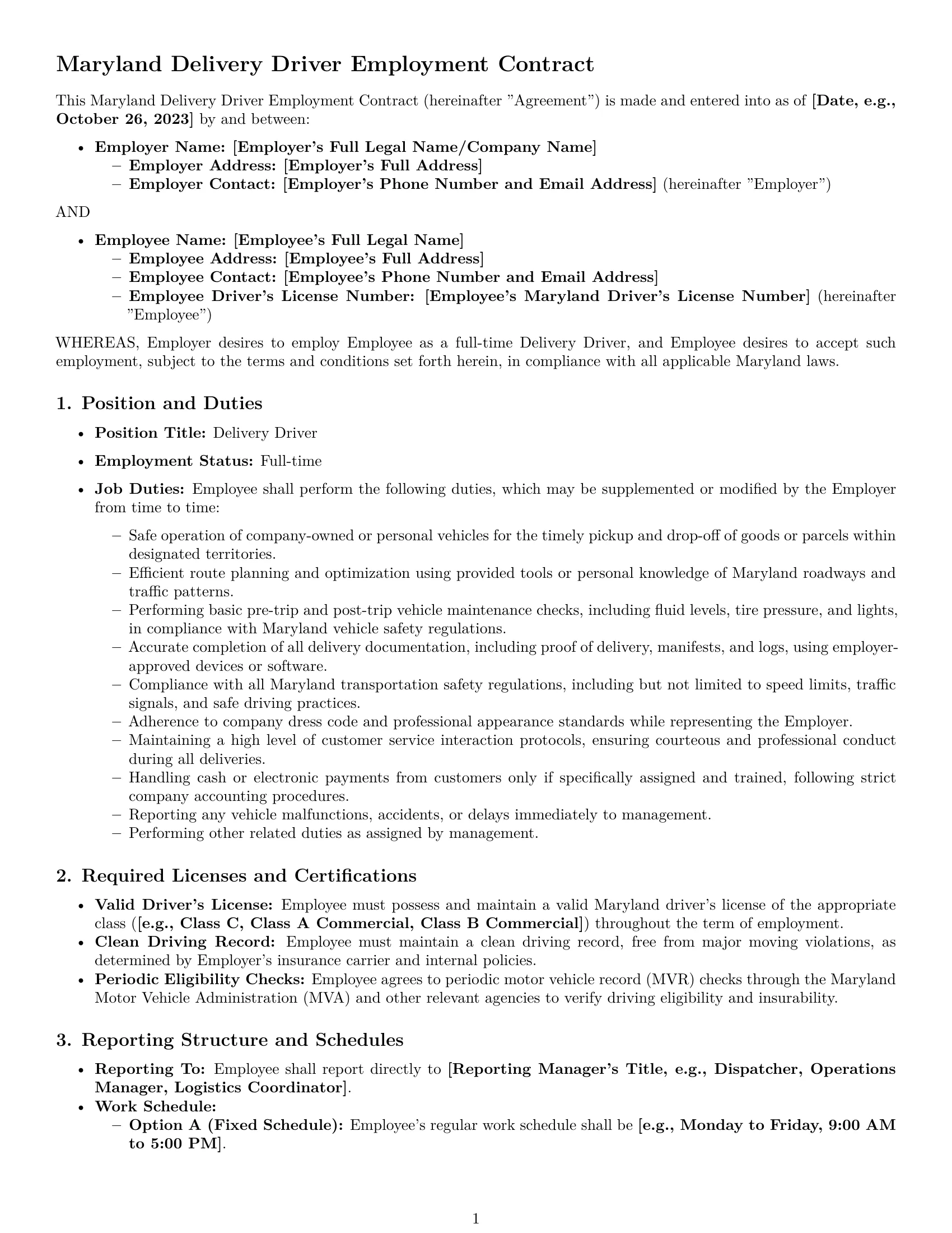 Preview page 1 of Pro Maryland delivery driver employment contract template