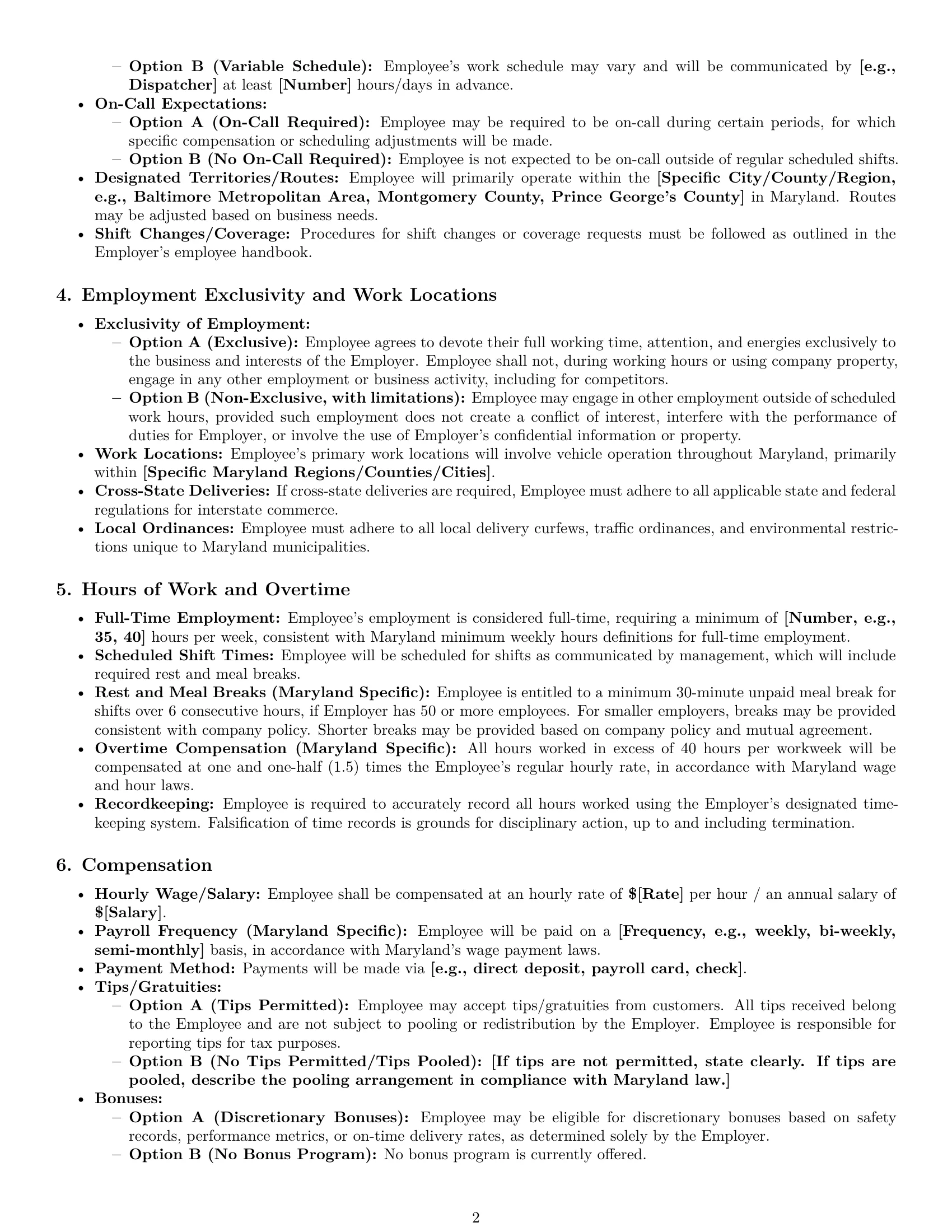Preview page 2 of Pro Maryland delivery driver employment contract template